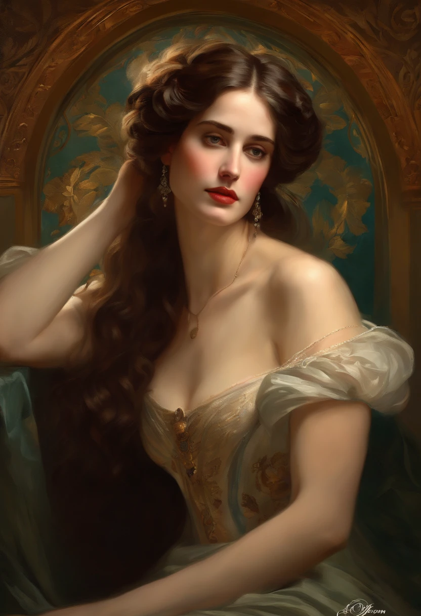 Painting of a beautiful and sexy woman, ((with long medusa hair, falling over her shoulders)) and an embroidered dress, ((French courtesan, from the Victorian Era)), ((Eva Green)), wearing a low-cut dress and black embroidery corset, Paris brothel background, Bowater art style, baroque digital painting, Renaissance digital painting, masterpiece! inspired by Franz Xaver Winterhalter, inspired by Friedrich von Amerling, beautiful character painting, beautiful digital painting, inspired by Thomas Lawrence, beautiful yywater painting, refraction, reflections, mirrors, prisms, sunlight, bright lights!! Intricate, elegant, highly detailed digital painting, art station, concept art, sharp, soft focus, illustration, art by ( ( ( ( Artgerm ) ) ) ) and ( Greg Rutkowski )! and (((Alphonse Mucha))), eyes reflecting in eyes reflecting to infinity