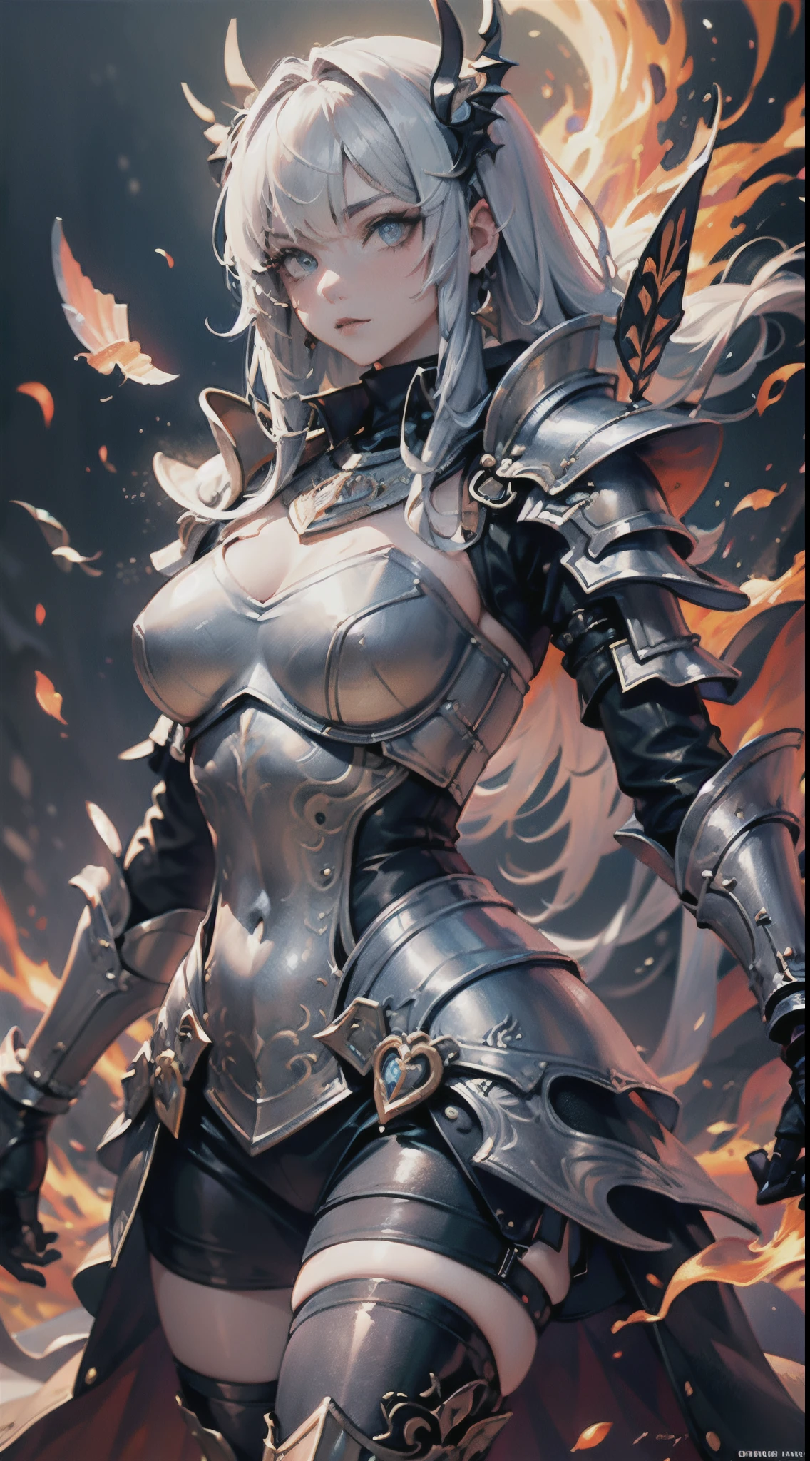 (a female knight in a full armor, medieval and sci-fi fusion world, futuristic technology, intergalactic environment, majestic landscape, epic battle scene, advanced weaponry, shining armor, intricate details, vibrant colors, dynamic lighting, mystical aura)