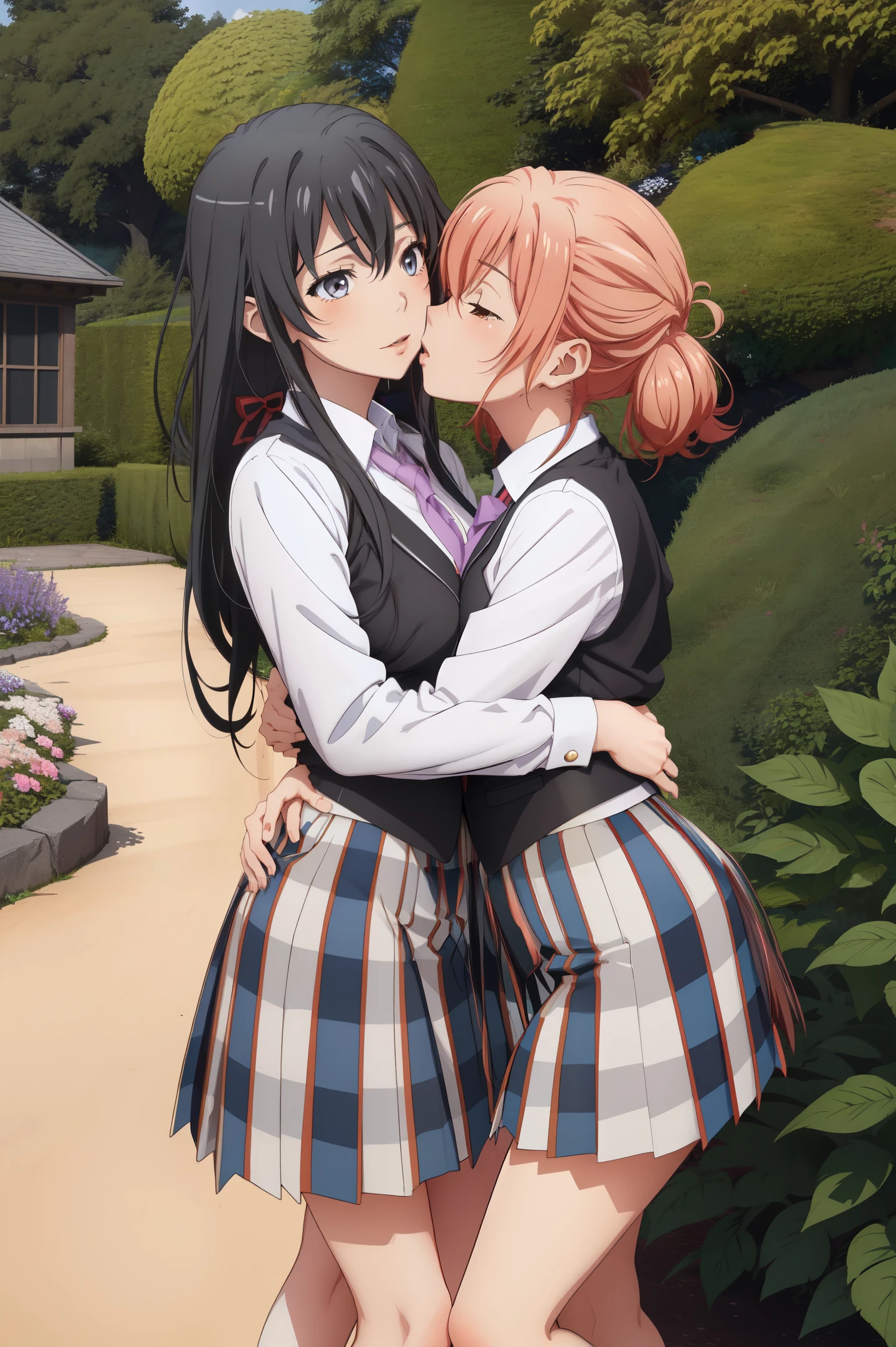 (best quality,4k,8k,highres,masterpiece:1.2),ultra-detailed,),yukinoshita yukino carrying yuigahama yui between her arms and intimate kiss in a beautiful garden scene,The two girls are dressed in stylish school uniforms