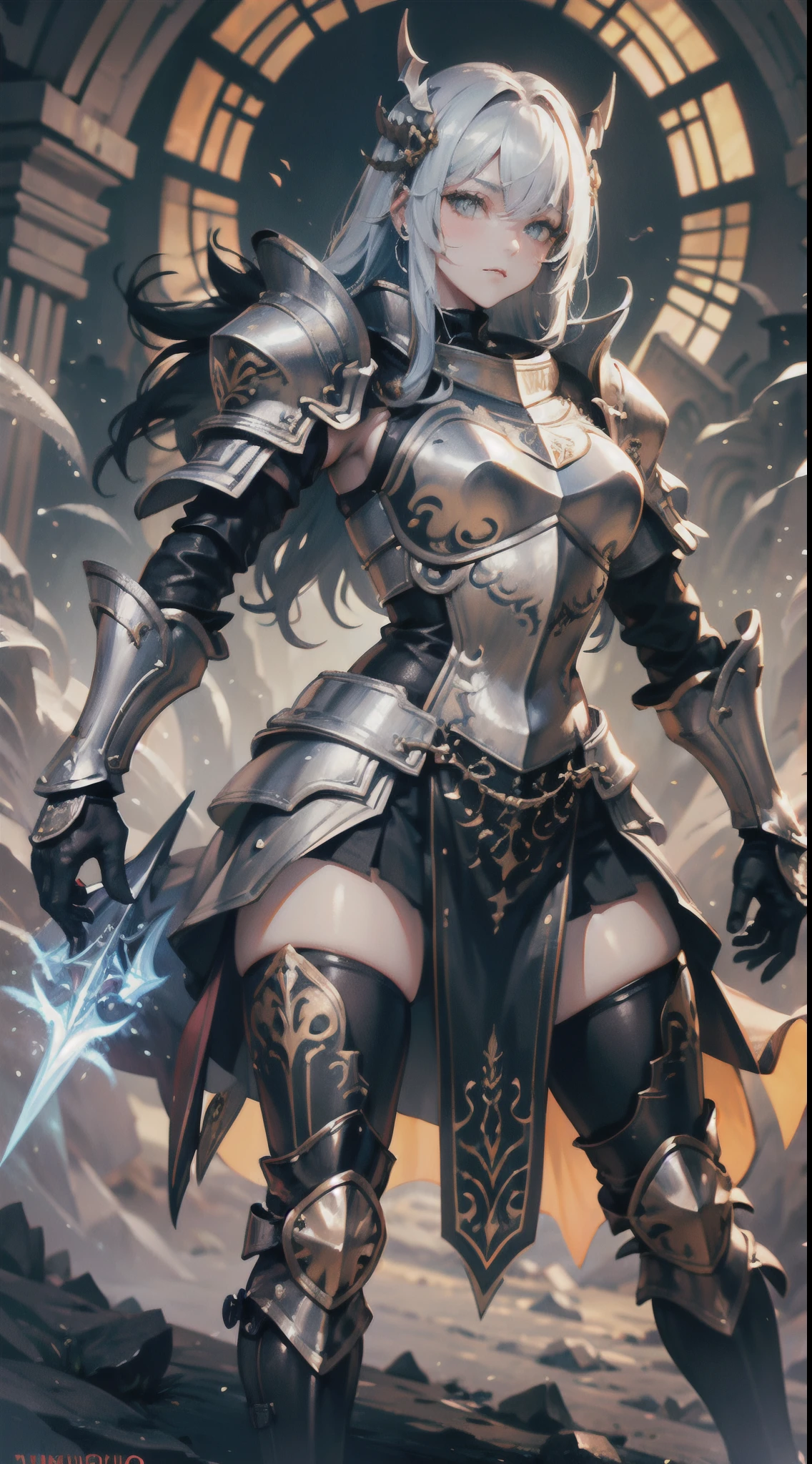 (a female knight in a full armor, medieval and sci-fi fusion world, futuristic technology, intergalactic environment, majestic landscape, epic battle scene, advanced weaponry, shining armor, intricate details, vibrant colors, dynamic lighting, mystical aura)