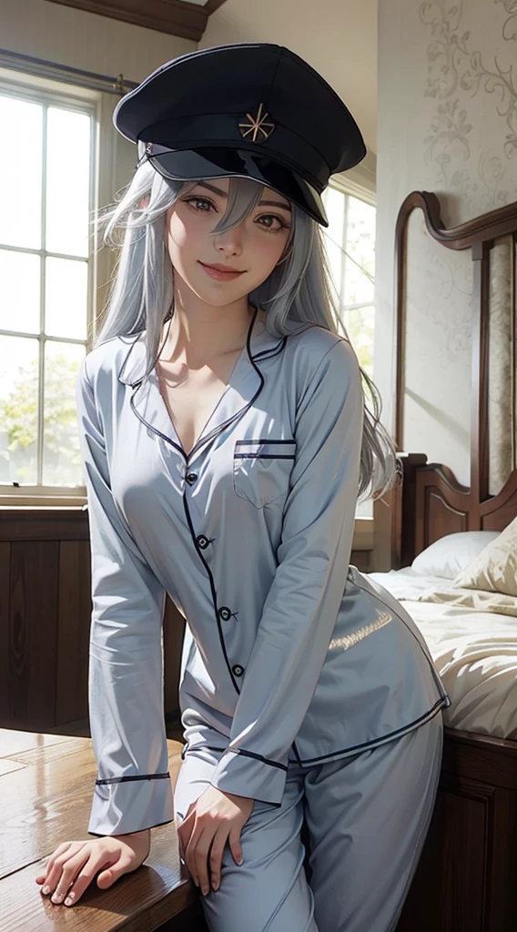 VladilenaLora, long hair, gray eyes, hat, hair between the eyes, (flat chest: 1.2), big smile, energy, vitality, (Militate Pajamas), (Pajamas with very wide open chest: 1.3), Unified 8K Wallpaper Highly detailed CG, Highly detailed, high-definition raw color photos, professional photography, realistic portrait, (leaning forward 1.5), (three-legged crawl: 1.2), (right hand in hair: 1, 2), legs apart