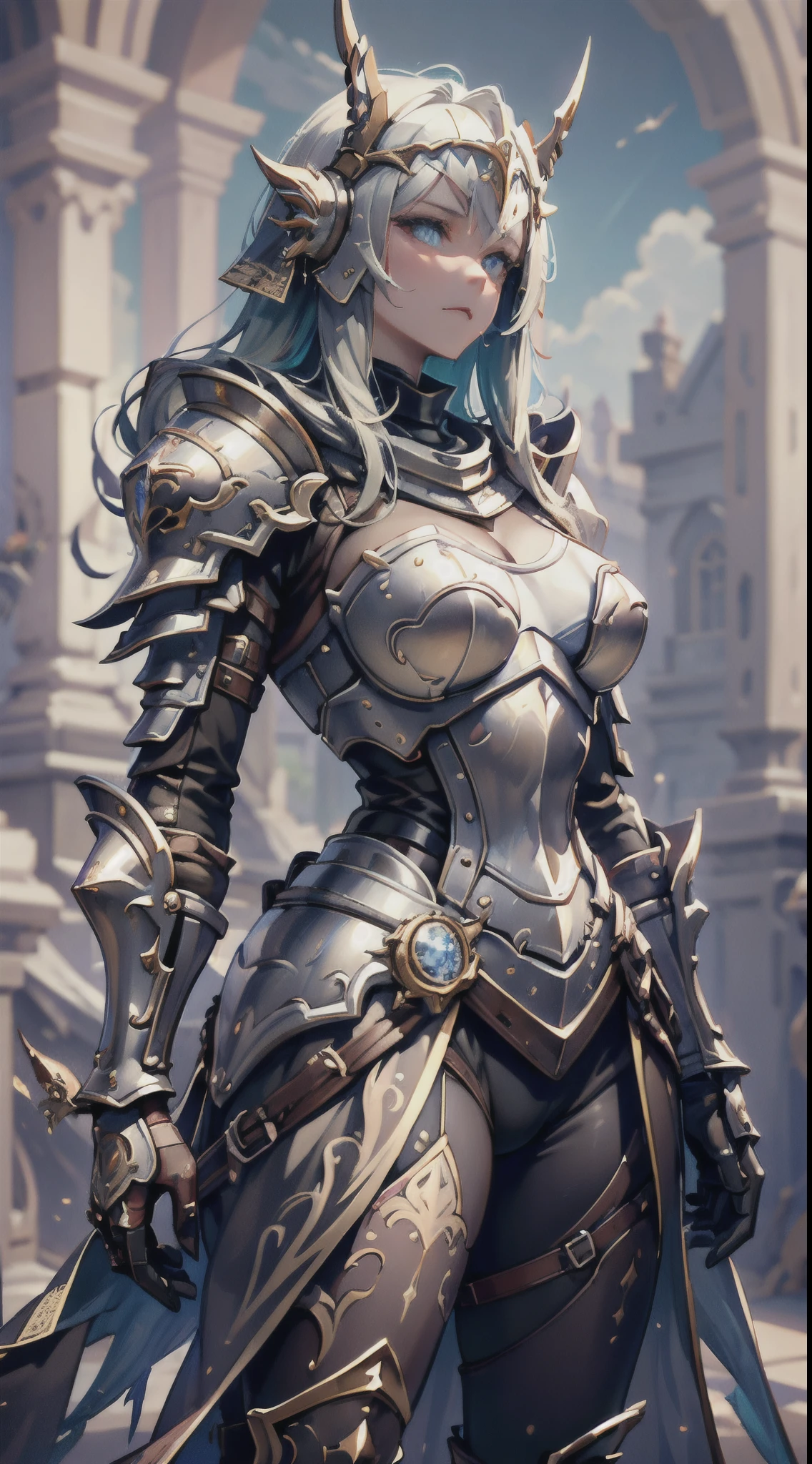 A female knight wearing a full suit of armor, with intricately designed plates covering her body. Her armor is a fusion of futuristic technology and medieval elements, blending sleek metallic surfaces with ornate engravings and motifs. The knight stands in a vast landscape that mixes medieval castles and futuristic skyscrapers, symbolizing the fusion of medieval and sci-fi worlds. The knight's armor emits a soft glow, highlighting its advanced technological features. Her helmet reveals her determined eyes, sharp and focused under the protection of the visor. The armor is embellished with intricate detailing, catching the light in mesmerizing patterns. The color scheme is a harmonious blend of metallic tones, with shades of silver, gold, and bronze dominating the armor. The surrounding landscape showcases a contrast between the warm earthy hues of the medieval structures and the cool futuristic tones of the skyscrapers. The lighting creates a dramatic effect, with rays of sunlight piercing through the clouds, casting a majestic glow upon the knight and the landscape. The combination of natural and artificial light sources creates a captivating play of shadows and highlights, enhancing the depth and realism of the scene. This image portrays the best quality and resolution, enabling viewers to appreciate every intricate detail of the illustration. It captures the essence of a futuristic medieval world, showcasing the marriage of advanced technology and old-world charm. The artwork is reminiscent of a photorealistic digital painting, with ultra-detailed and vivid colors, capturing the viewer's attention and immersing them in this captivating universe.