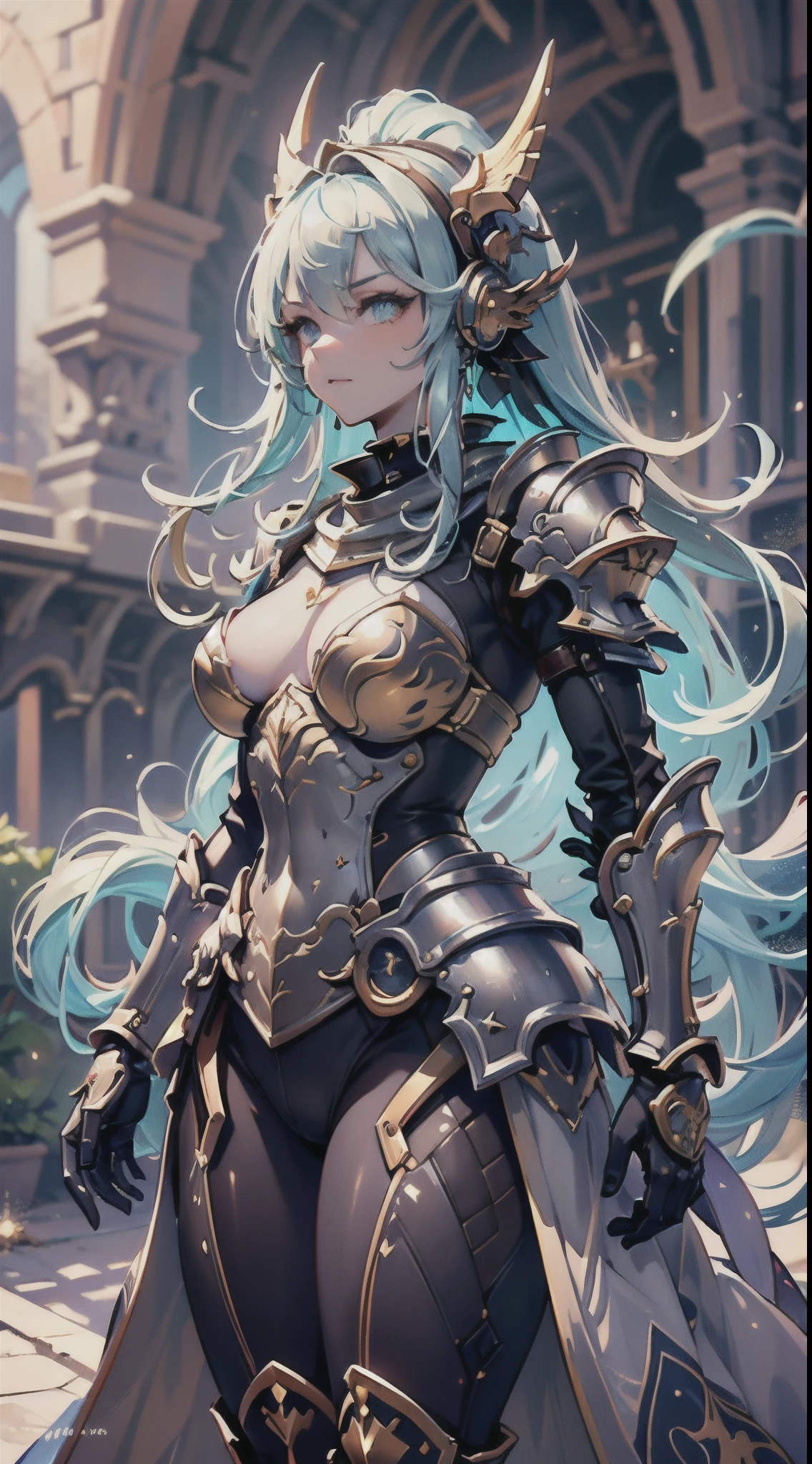 A female knight wearing a full suit of armor, with intricately designed plates covering her body. Her armor is a fusion of futuristic technology and medieval elements, blending sleek metallic surfaces with ornate engravings and motifs. The knight stands in a vast landscape that mixes medieval castles and futuristic skyscrapers, symbolizing the fusion of medieval and sci-fi worlds. The knight's armor emits a soft glow, highlighting its advanced technological features. Her helmet reveals her determined eyes, sharp and focused under the protection of the visor. The armor is embellished with intricate detailing, catching the light in mesmerizing patterns. The color scheme is a harmonious blend of metallic tones, with shades of silver, gold, and bronze dominating the armor. The surrounding landscape showcases a contrast between the warm earthy hues of the medieval structures and the cool futuristic tones of the skyscrapers. The lighting creates a dramatic effect, with rays of sunlight piercing through the clouds, casting a majestic glow upon the knight and the landscape. The combination of natural and artificial light sources creates a captivating play of shadows and highlights, enhancing the depth and realism of the scene. This image portrays the best quality and resolution, enabling viewers to appreciate every intricate detail of the illustration. It captures the essence of a futuristic medieval world, showcasing the marriage of advanced technology and old-world charm. The artwork is reminiscent of a photorealistic digital painting, with ultra-detailed and vivid colors, capturing the viewer's attention and immersing them in this captivating universe.