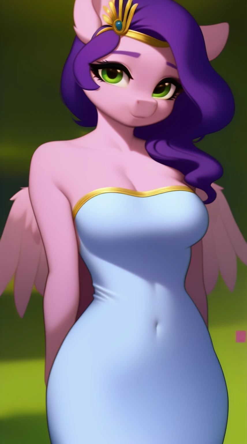 (score_9), (source_pony), (solo), (pegasus), ((anthro pipp petals :1.1)), (strapless tight dress, sexy, nervous , long hair, anatomically correct, night garden, standing near fountain, medium breasts, half body, anime art style, solo, light purple fur, green eyes, arms behind back, hour glass figure, curvy, wide hips, plump, short