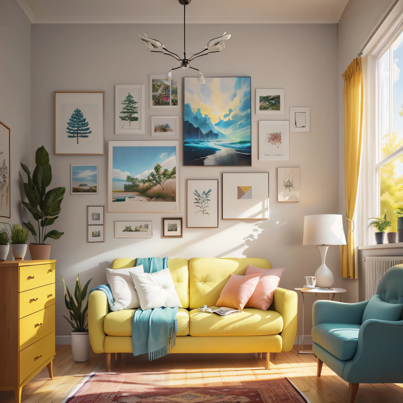 living room wall art mockup, actual, bright.