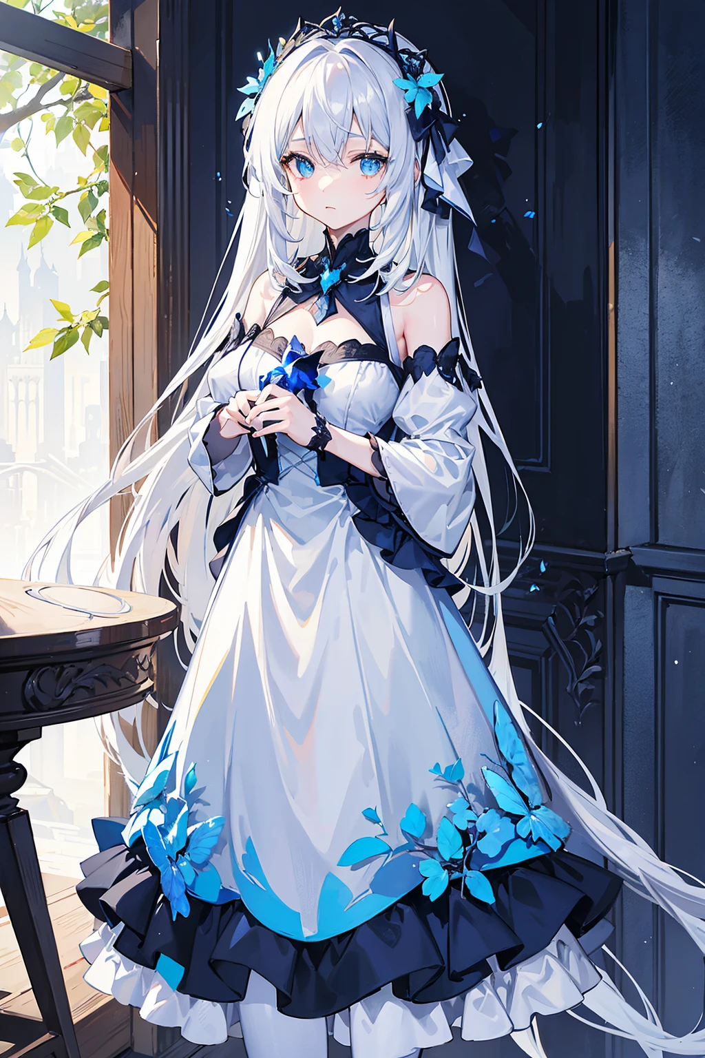 （（tmasterpiece：1.4，Best quality））+，（hyper-detailing）+，（Ultra-detailed eyes）+， （Elegant 1 girl），blue color eyes：1.15），white color hair，Very long hair，（wariza：1.2），pale-skinned，shut up，grieves， （She wore a dress made of entangled blue vines：1.5），（flatchest：1.2），（vine dress：1.4），（Dress made of vine：1.2），（Surrounded by vines：1.4）， （be desperate：1.3），Gotik， （Blue vines：1.3），leafs，（Vine tree：1.1），Flying blue butterfly （dawn light：1.2）， （Thick black and white：1.16），（depth of fields：1.4），