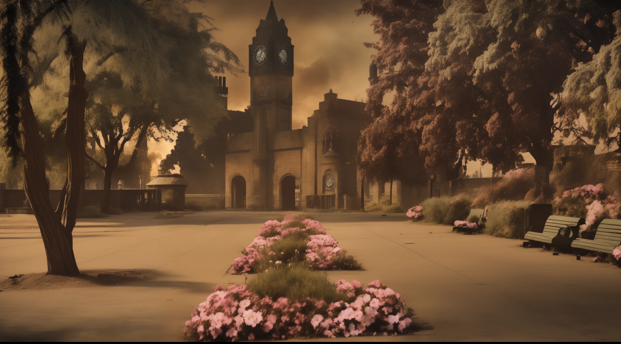 post apocalyptic cinematic photograph of large building with a clock tower in the background, city park with flowers, post apocalypse city scene
