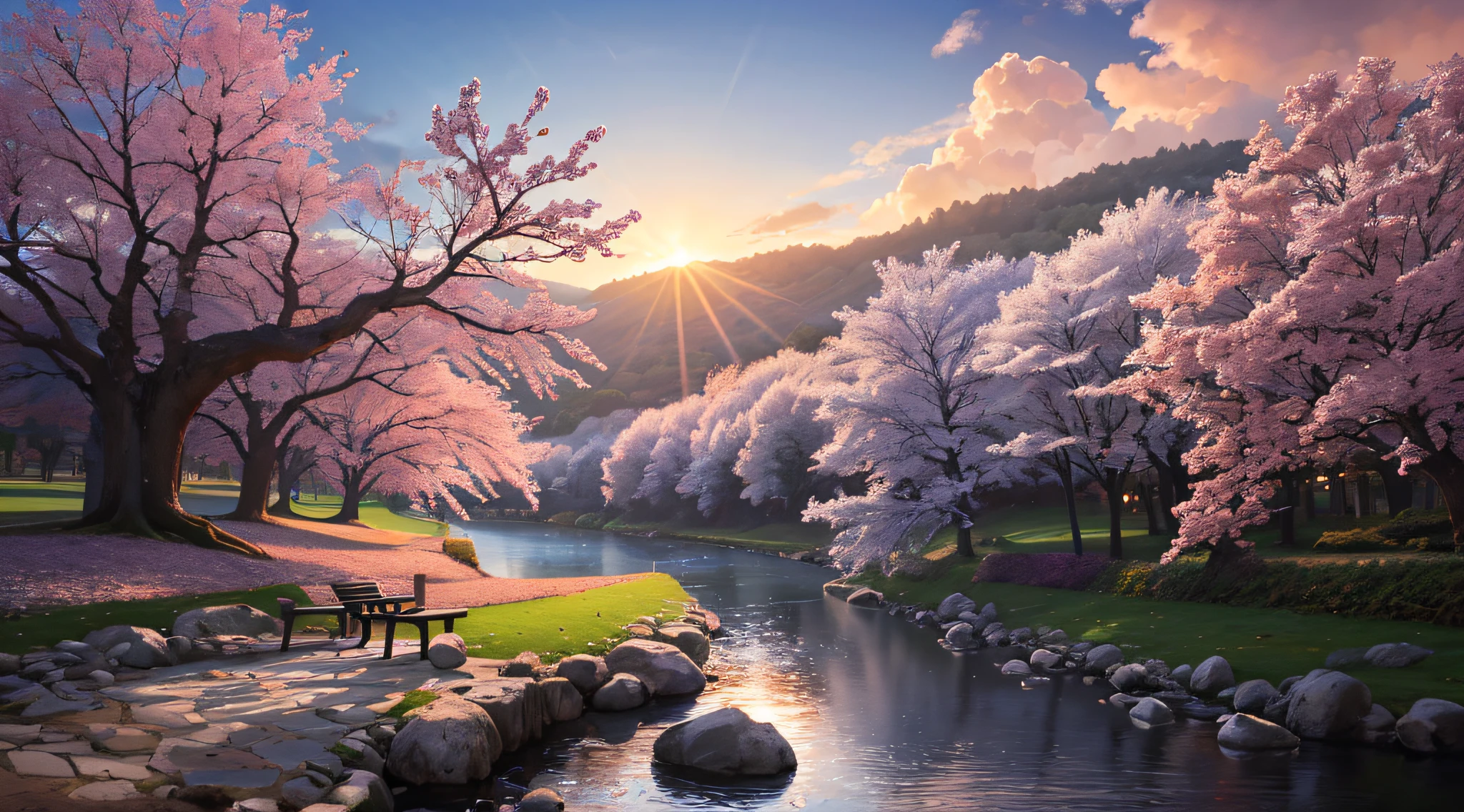 (masterpiece, best quality:1.2), ultra detailed, cinematic lighting, HDR, ilustration, park,river,1chair, sunrise,  cherry blossom, impressive, chill, inspirational,