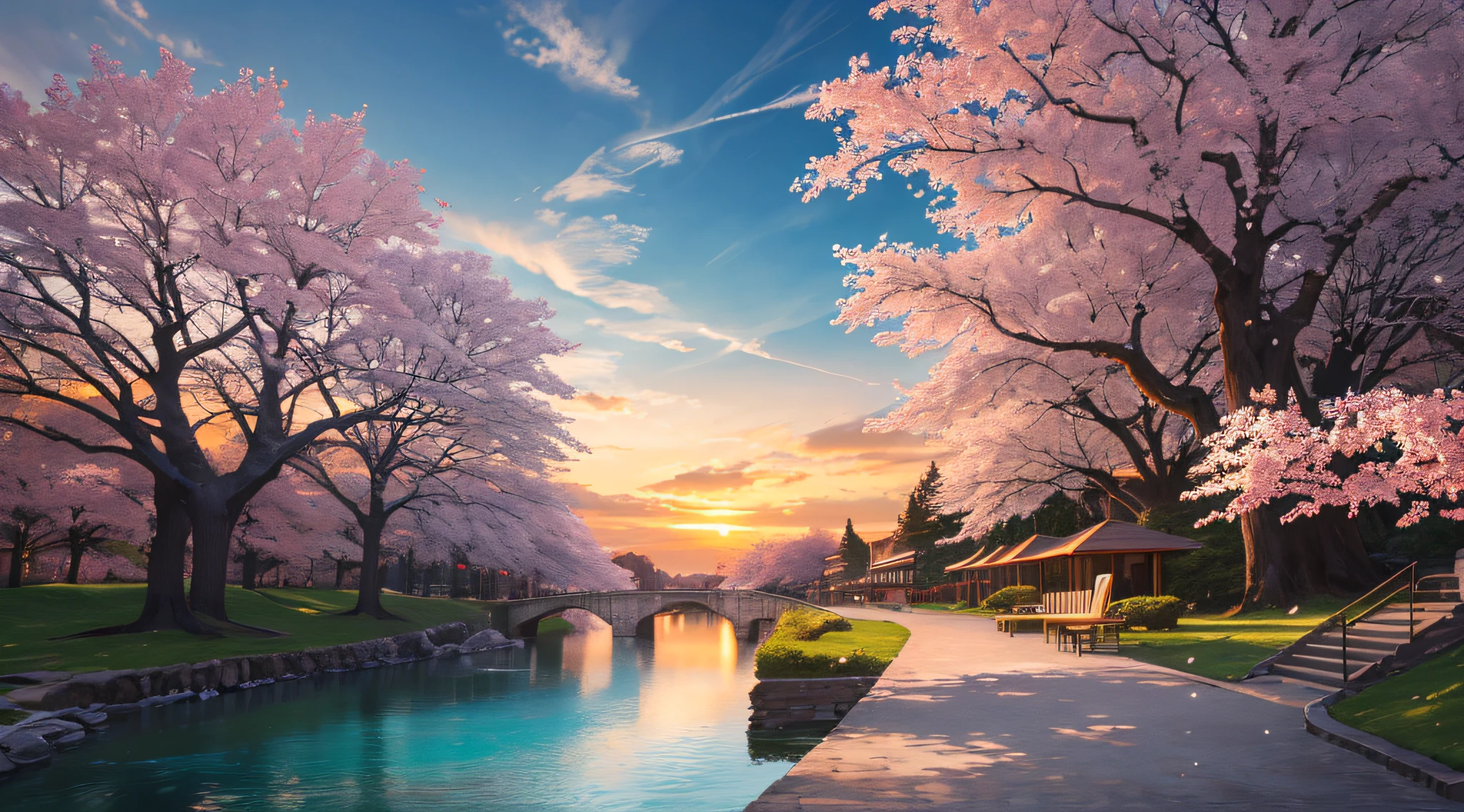 (masterpiece, best quality:1.2), ultra detailed, cinematic lighting, HDR, ilustration, park,river,1chair, sunrise, cherry blossom, impressive, chill, inspirational,