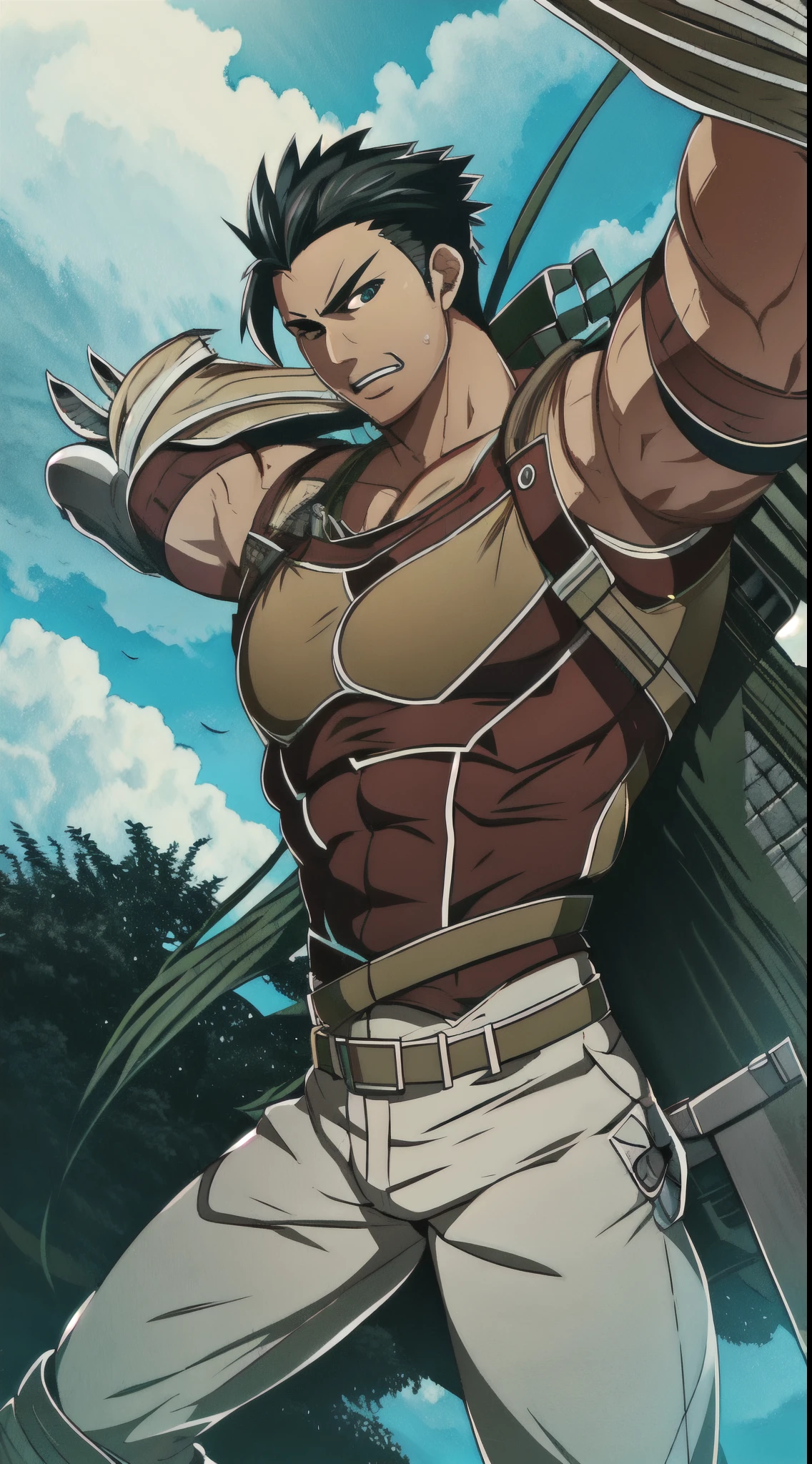 close-up of chest muscles, Showing off his huge, muscular chest muscles. red skin, bright red skin, the boy blushed shyly , rosy skin, shiny skin(muscular thigh muscles )( anime style, art) (photo angle from bottom up) (photo angle from the ground upwards) [Anime photo][highest quality photo][4k,HD photo quality ] wear tight and short loincloths ,the loincloth bulges (muscular thigh muscles, firm thigh muscles, muscular thigh muscles, sinewy thigh muscles, giant thigh muscles, muscular hamstring muscles)(thigh muscles bulging as if about to explode, muscular, calloused, sinewy, giant) , Rudeus Greyrat,fun, happy,bodybuilder,bodybuilding, standing, lots of sweat flowing down, topless, shirtless, hot sunny, 8 pack abs , short hair , green eyes, Side View ,a body like a bodybuilding monster. His huge, dense, muscular muscles bulged prominently. Raise your arms high to expose your armpits. both hands raised high. hands raised high. raise your arm.