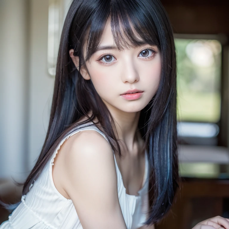 (best quality,4k,8k,highres,masterpiece:1.2),ultra-detailed,extremely detailed eyes and face,beautiful detailed eyes,beautiful detailed lips,long eyelashes,realistic,photorealistic:1.37,Japanese young woman,pale skin with fine texture,dark blue mini pleated skirt,white tank top,beautiful and grand composition,marshmallow-like skin,masterpiece,attractive,posing for a photo,cute,absolute territory,dark blue over-the-knee socks,silver hair color,smooth and straight hair like silk.