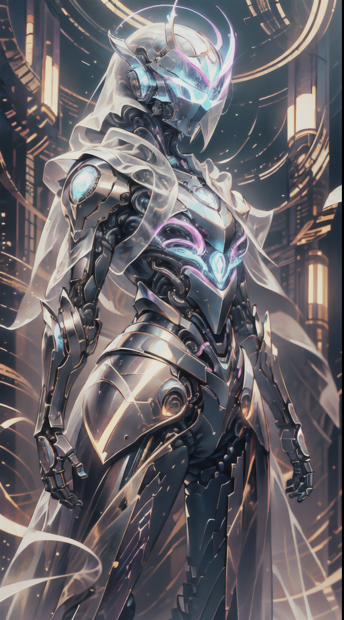 A female knight wearing a full suit of armor, with intricately designed plates covering her body. Her armor is a fusion of futuristic technology and medieval elements, blending sleek metallic surfaces with ornate engravings and motifs. The knight stands in a vast landscape that mixes medieval castles and futuristic skyscrapers, symbolizing the fusion of medieval and sci-fi worlds. The knight's armor emits a soft glow, highlighting its advanced technological features. Her helmet reveals her determined eyes, sharp and focused under the protection of the visor. The armor is embellished with intricate detailing, catching the light in mesmerizing patterns. The color scheme is a harmonious blend of metallic tones, with shades of silver, gold, and bronze dominating the armor. The surrounding landscape showcases a contrast between the warm earthy hues of the medieval structures and the cool futuristic tones of the skyscrapers. The lighting creates a dramatic effect, with rays of sunlight piercing through the clouds, casting a majestic glow upon the knight and the landscape. The combination of natural and artificial light sources creates a captivating play of shadows and highlights, enhancing the depth and realism of the scene. This image portrays the best quality and resolution, enabling viewers to appreciate every intricate detail of the illustration. It captures the essence of a futuristic medieval world, showcasing the marriage of advanced technology and old-world charm. The artwork is reminiscent of a photorealistic digital painting, with ultra-detailed and vivid colors, capturing the viewer's attention and immersing them in this captivating universe.