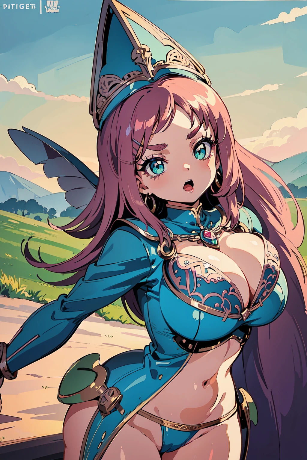 "(masterpiece:1.1), best quality, 
1girl, (80s anime style:1.3), (eyelashes:1.5), (:1.2), 
(intricate high detailed body:1.2), 
(pink hair:1.1), (forehead, parted bangs, hairclip:1.1), (long hair:1.1), (holy hat:1.2), 
green eyes, (thick eyebrows:1.1), 
(gigantic breasts:1.3), 
(expressionless:1.2), open mouth, 
(silver embroidery bikini armor:1.2), 
(knight armor, armored boots:1.2), (hoop earrings:1.1), necklace, 
standing, peace sign, 
(upper body, cowboy shot, looking at viewer, from front:1.1),
(daytime, grassland, outdoors:1.1)"