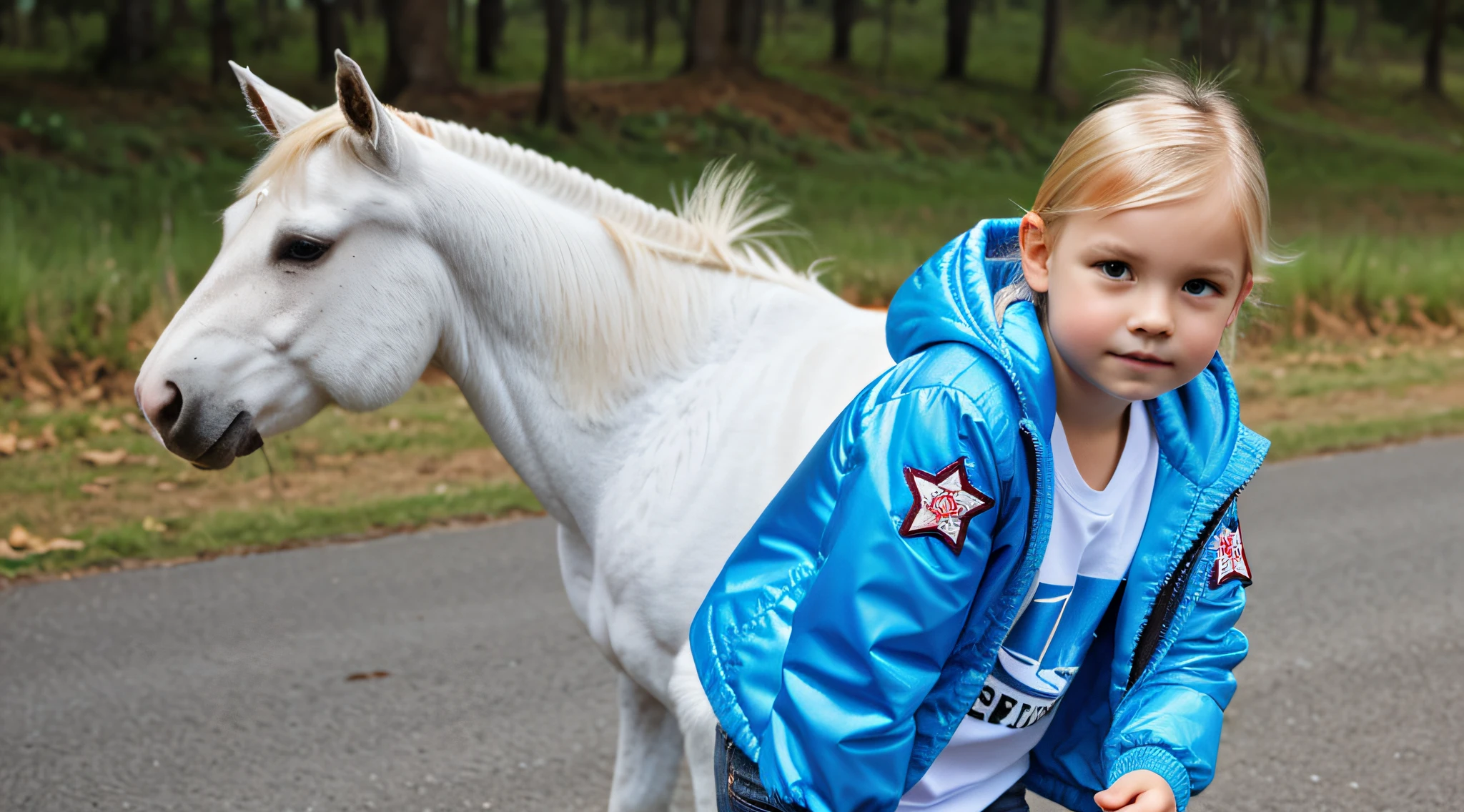 BLONDE CHILD WITH JACKET, AZUL COM ESTRELAS BRANCAS NA JAQUETA.