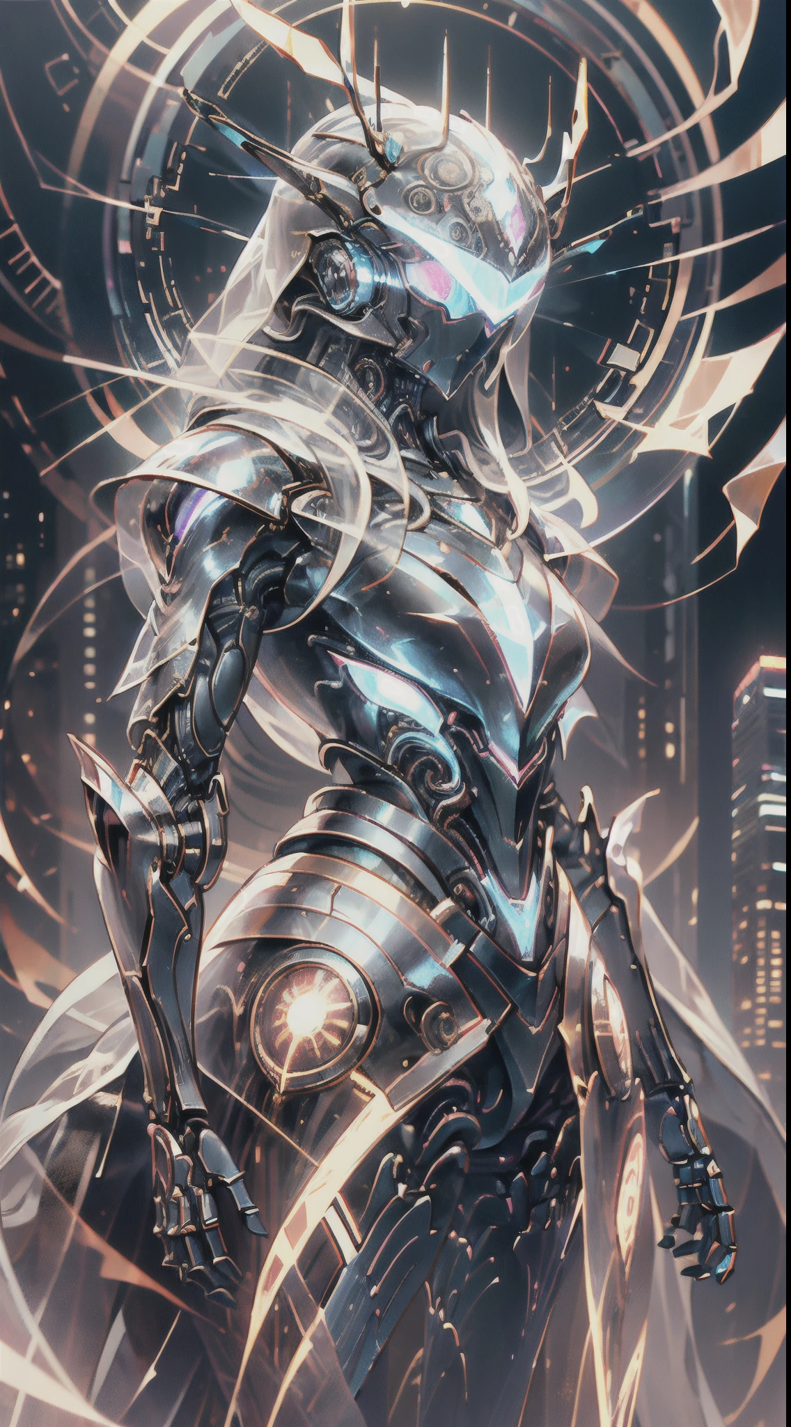 A female knight wearing a full suit of armor, with intricately designed plates covering her body. Her armor is a fusion of futuristic technology and medieval elements, blending sleek metallic surfaces with ornate engravings and motifs. The knight stands in a vast landscape that mixes medieval castles and futuristic skyscrapers, symbolizing the fusion of medieval and sci-fi worlds. The knight's armor emits a soft glow, highlighting its advanced technological features. Her helmet reveals her determined eyes, sharp and focused under the protection of the visor. The armor is embellished with intricate detailing, catching the light in mesmerizing patterns. The color scheme is a harmonious blend of metallic tones, with shades of silver, gold, and bronze dominating the armor. The surrounding landscape showcases a contrast between the warm earthy hues of the medieval structures and the cool futuristic tones of the skyscrapers. The lighting creates a dramatic effect, with rays of sunlight piercing through the clouds, casting a majestic glow upon the knight and the landscape. The combination of natural and artificial light sources creates a captivating play of shadows and highlights, enhancing the depth and realism of the scene. This image portrays the best quality and resolution, enabling viewers to appreciate every intricate detail of the illustration. It captures the essence of a futuristic medieval world, showcasing the marriage of advanced technology and old-world charm. The artwork is reminiscent of a photorealistic digital painting, with ultra-detailed and vivid colors, capturing the viewer's attention and immersing them in this captivating universe.