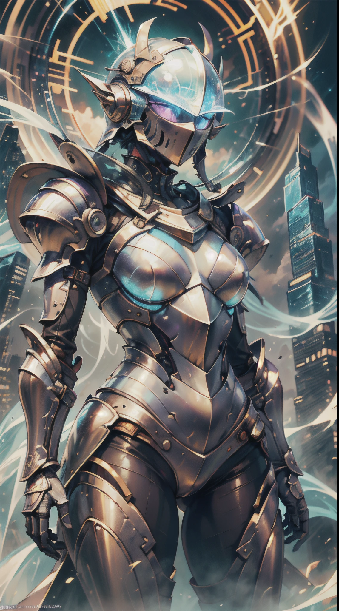 A female knight wearing a full suit of armor, with intricately designed plates covering her body. Her armor is a fusion of futuristic technology and medieval elements, blending sleek metallic surfaces with ornate engravings and motifs. The knight stands in a vast landscape that mixes medieval castles and futuristic skyscrapers, symbolizing the fusion of medieval and sci-fi worlds. The knight's armor emits a soft glow, highlighting its advanced technological features. Her helmet reveals her determined eyes, sharp and focused under the protection of the visor. The armor is embellished with intricate detailing, catching the light in mesmerizing patterns. The color scheme is a harmonious blend of metallic tones, with shades of silver, gold, and bronze dominating the armor. The surrounding landscape showcases a contrast between the warm earthy hues of the medieval structures and the cool futuristic tones of the skyscrapers. The lighting creates a dramatic effect, with rays of sunlight piercing through the clouds, casting a majestic glow upon the knight and the landscape. The combination of natural and artificial light sources creates a captivating play of shadows and highlights, enhancing the depth and realism of the scene. This image portrays the best quality and resolution, enabling viewers to appreciate every intricate detail of the illustration. It captures the essence of a futuristic medieval world, showcasing the marriage of advanced technology and old-world charm. The artwork is reminiscent of a photorealistic digital painting, with ultra-detailed and vivid colors, capturing the viewer's attention and immersing them in this captivating universe.