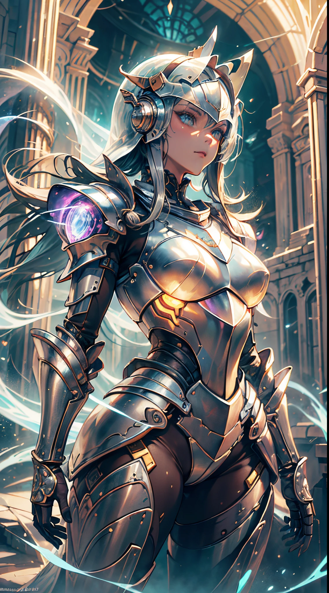 A female knight wearing a full suit of armor, with intricately designed plates covering her body. Her armor is a fusion of futuristic technology and medieval elements, blending sleek metallic surfaces with ornate engravings and motifs. The knight stands in a vast landscape that mixes medieval castles and futuristic skyscrapers, symbolizing the fusion of medieval and sci-fi worlds. The knight's armor emits a soft glow, highlighting its advanced technological features. Her helmet reveals her determined eyes, sharp and focused under the protection of the visor. The armor is embellished with intricate detailing, catching the light in mesmerizing patterns. The color scheme is a harmonious blend of metallic tones, with shades of silver, gold, and bronze dominating the armor. The surrounding landscape showcases a contrast between the warm earthy hues of the medieval structures and the cool futuristic tones of the skyscrapers. The lighting creates a dramatic effect, with rays of sunlight piercing through the clouds, casting a majestic glow upon the knight and the landscape. The combination of natural and artificial light sources creates a captivating play of shadows and highlights, enhancing the depth and realism of the scene. This image portrays the best quality and resolution, enabling viewers to appreciate every intricate detail of the illustration. It captures the essence of a futuristic medieval world, showcasing the marriage of advanced technology and old-world charm. The artwork is reminiscent of a photorealistic digital painting, with ultra-detailed and vivid colors, capturing the viewer's attention and immersing them in this captivating universe.