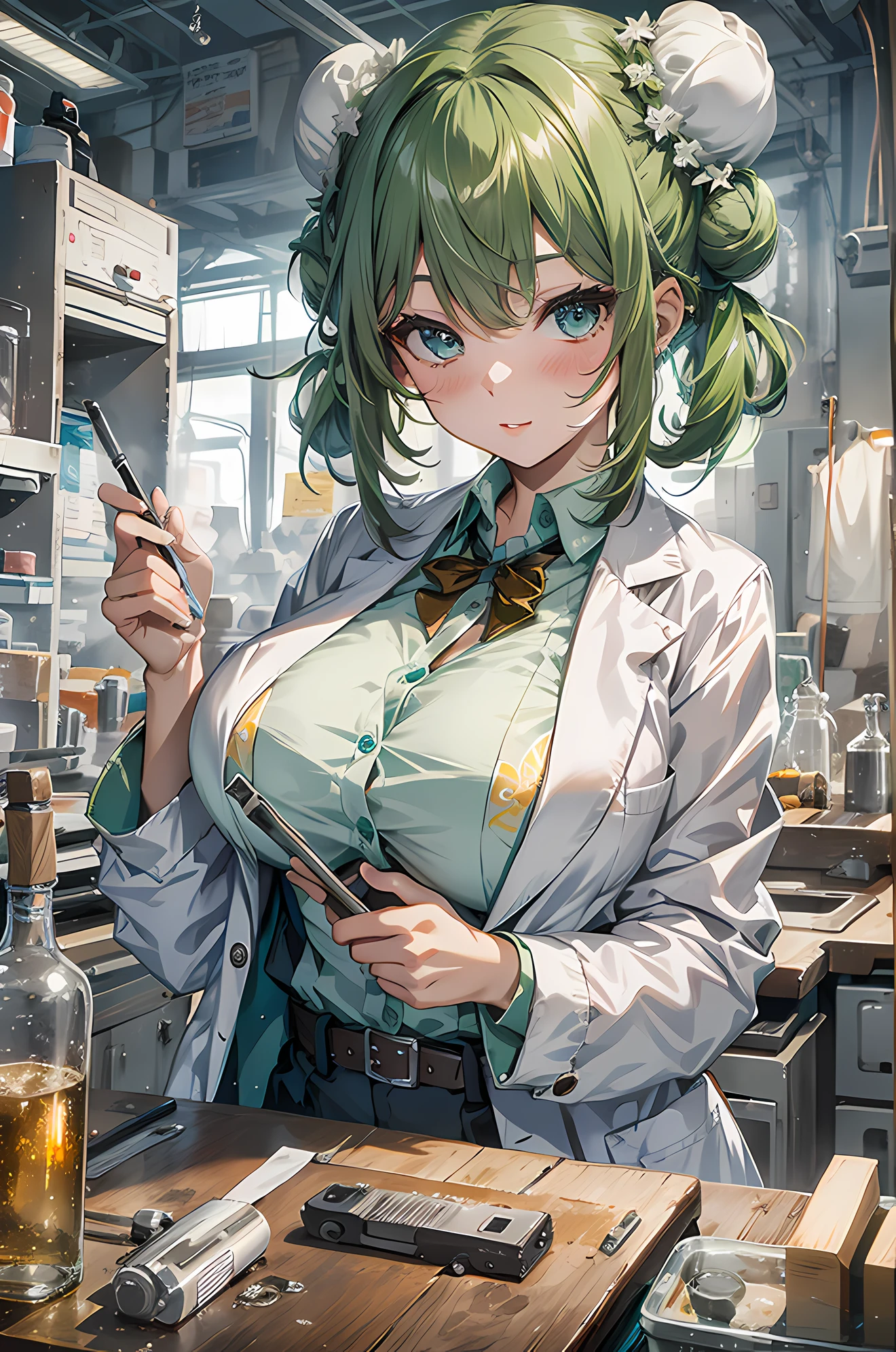 absurd, 8K, high resolution, Ultra-detailliert, beautiful, Meisterwerk, best quality, very pretty woman, Jung, green hair, Biologielaborant, Laborkittel (very huge breasts:1.3), (gut:1.6), detailliertes Frauengesicht, Sehr attraktiv, im Labor, Laborausstattung,