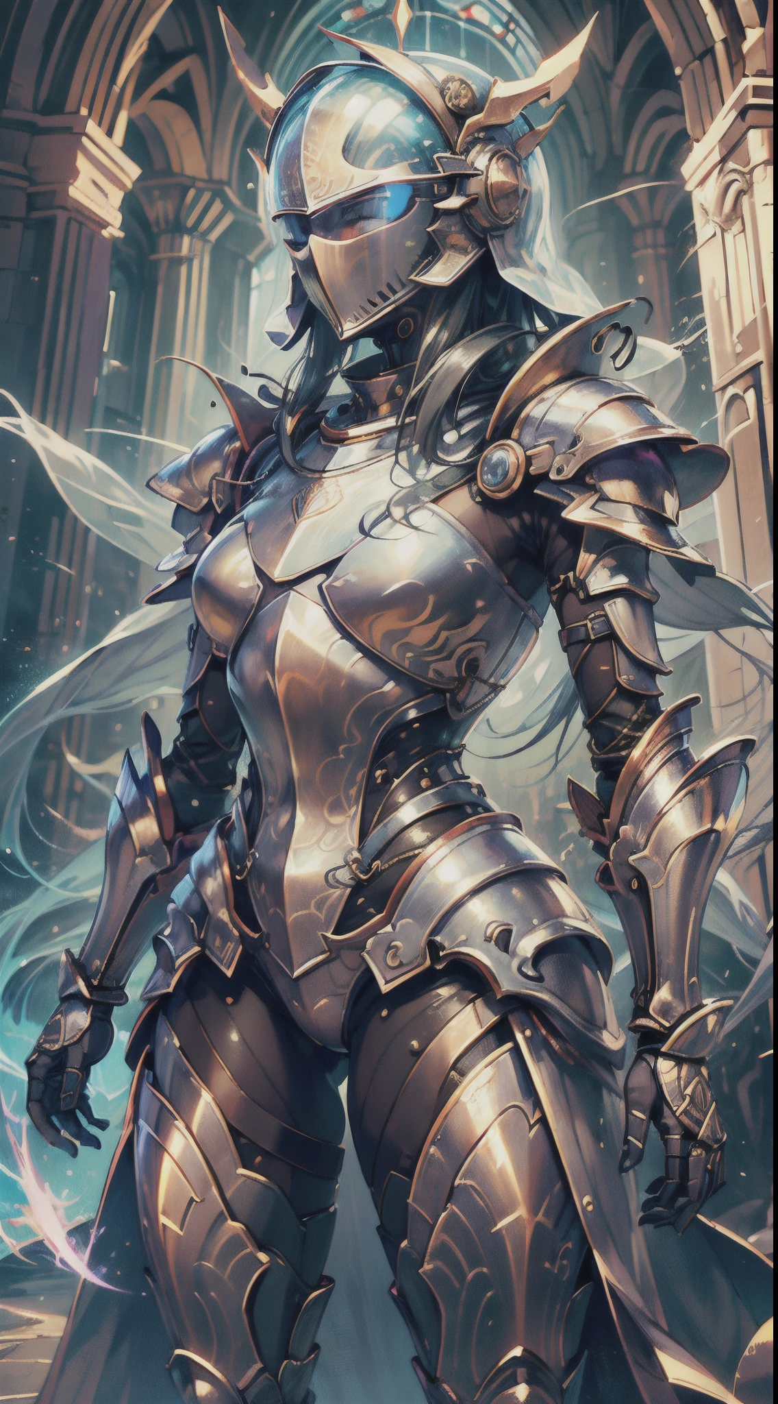 A female knight wearing a full suit of armor, with intricately designed plates covering her body. Her armor is a fusion of futuristic technology and medieval elements, blending sleek metallic surfaces with ornate engravings and motifs. The knight stands in a vast landscape that mixes medieval castles and futuristic skyscrapers, symbolizing the fusion of medieval and sci-fi worlds. The knight's armor emits a soft glow, highlighting its advanced technological features. Her helmet reveals her determined eyes, sharp and focused under the protection of the visor. The armor is embellished with intricate detailing, catching the light in mesmerizing patterns. The color scheme is a harmonious blend of metallic tones, with shades of silver, gold, and bronze dominating the armor. The surrounding landscape showcases a contrast between the warm earthy hues of the medieval structures and the cool futuristic tones of the skyscrapers. The lighting creates a dramatic effect, with rays of sunlight piercing through the clouds, casting a majestic glow upon the knight and the landscape. The combination of natural and artificial light sources creates a captivating play of shadows and highlights, enhancing the depth and realism of the scene. This image portrays the best quality and resolution, enabling viewers to appreciate every intricate detail of the illustration. It captures the essence of a futuristic medieval world, showcasing the marriage of advanced technology and old-world charm. The artwork is reminiscent of a photorealistic digital painting, with ultra-detailed and vivid colors, capturing the viewer's attention and immersing them in this captivating universe.