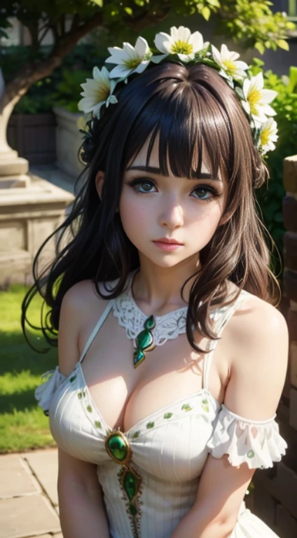 Very Cute face,big sized boobs,half naked ,ultra realistic eyes, white and shining princess dress, flower bracelet on her head ,garden outside, black colour hair,bright green eyes, ultra realistic detailed eyes, innocent eyes, looking at camera,long black hair,