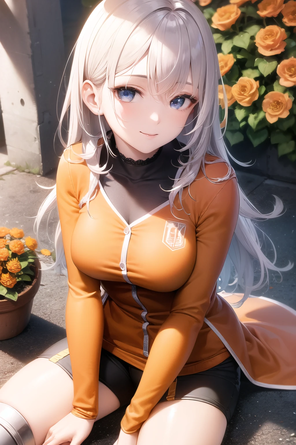 (masterpiece:1,2), best quality, highres, original, extremely detailed wallpaper, looking at viewer, (sitting:1.4), A robotic girl stands in the center, (orange flowers:1.4), 1humanoid cyborg girl, happy, smile, (mechanical hand:1.05), [[cyborg]], metallic mixture, drawing, paintbrush, (glowing_eyes:0.95), (separate sleeves), silver long_hair, hair_between_eyes, sigma 135mm lens, (cowboy shot:1.2), upper body, perfect lighting, (extremely detailed CG:1.2), 8k, (commemorative photo:1.4)