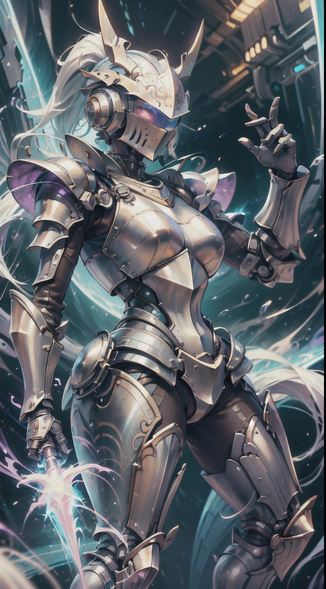 (a female knight in a full armor, medieval and sci-fi fusion world, futuristic technology, intergalactic environment, majestic landscape, epic battle scene, advanced weaponry, shining armor, intricate details, vibrant colors, dynamic lighting, mystical aura)