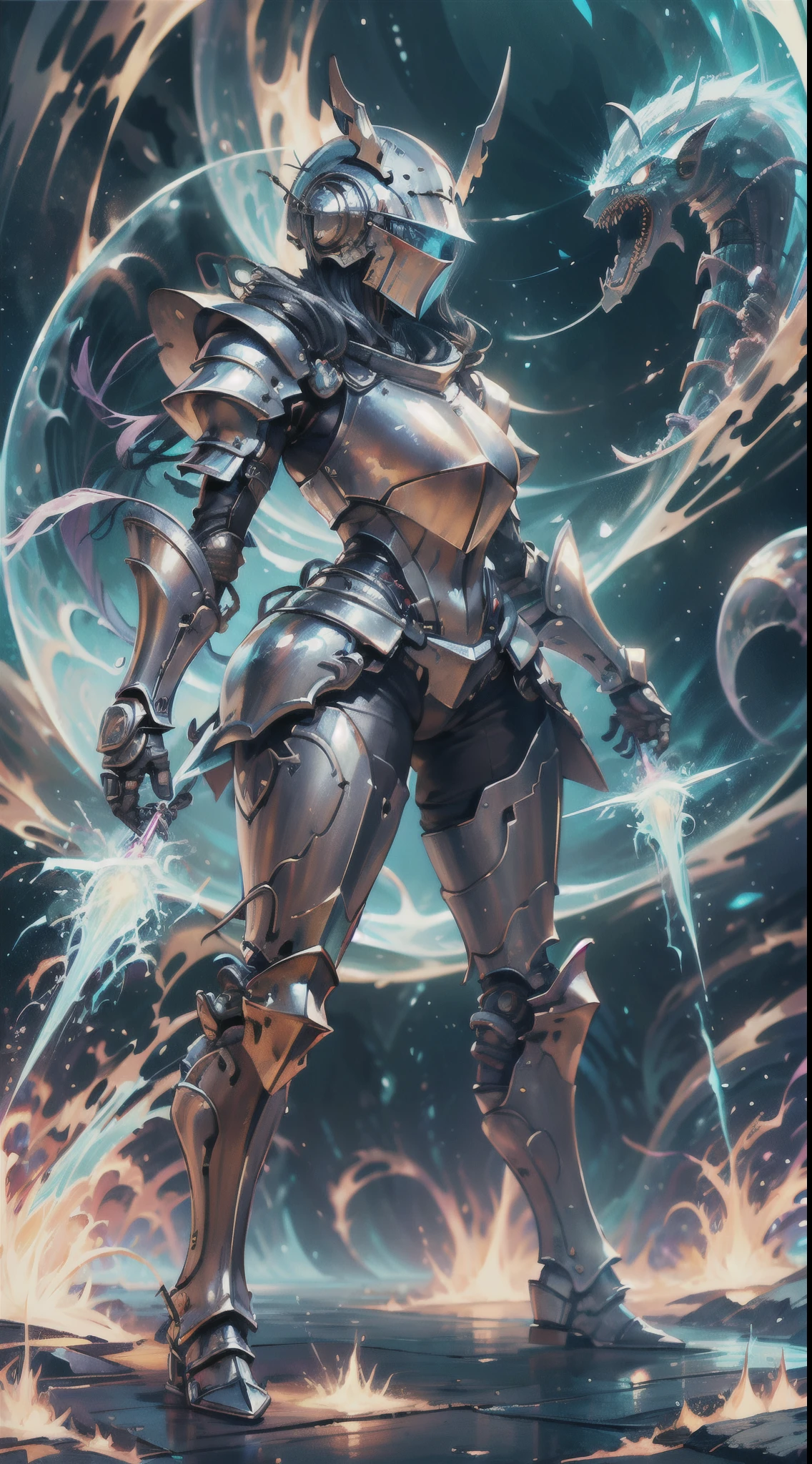 (a female knight in a full armor, medieval and sci-fi fusion world, futuristic technology, intergalactic environment, majestic landscape, epic battle scene, advanced weaponry, shining armor, intricate details, vibrant colors, dynamic lighting, mystical aura)