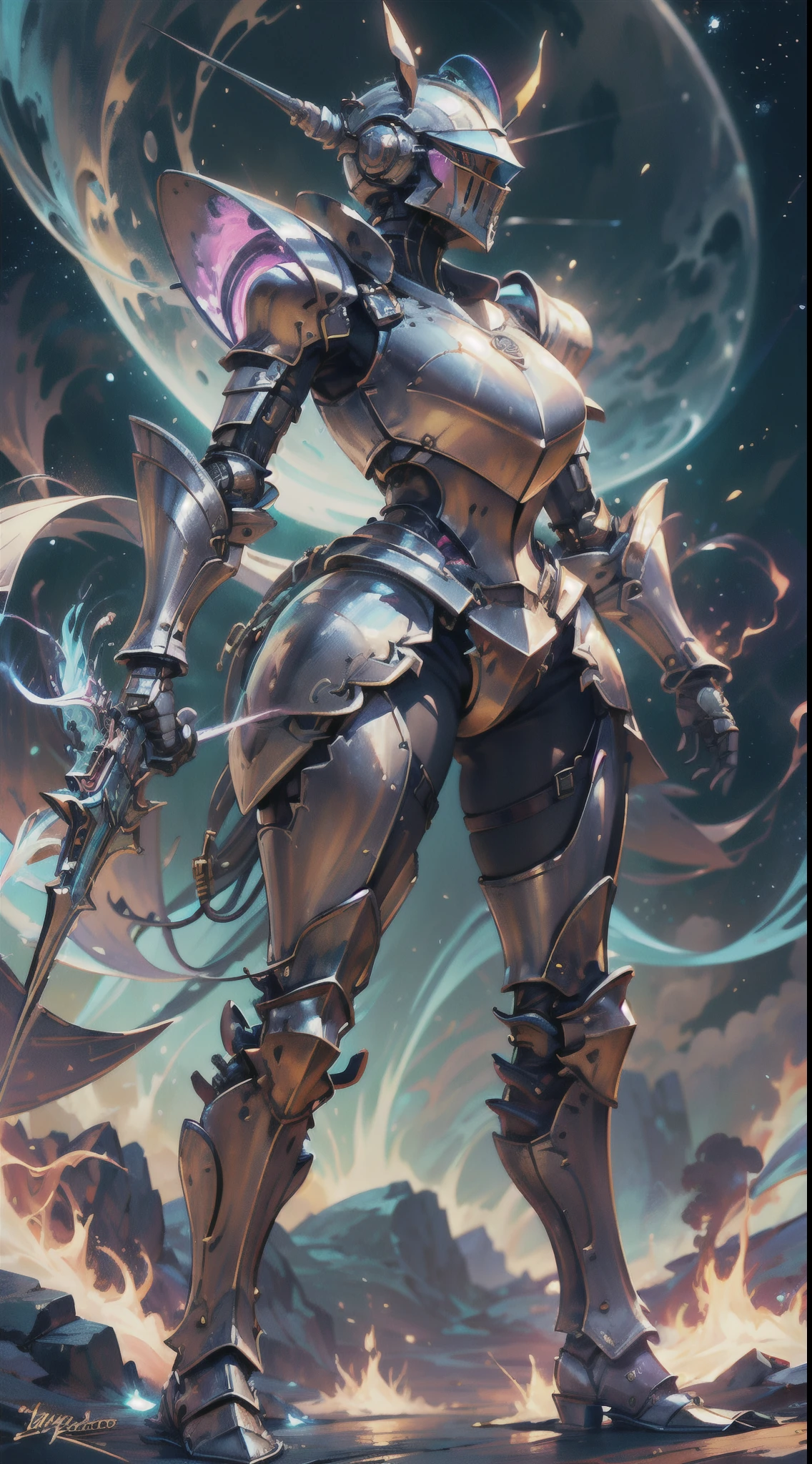 (a female knight in a full armor, medieval and sci-fi fusion world, futuristic technology, intergalactic environment, majestic landscape, epic battle scene, advanced weaponry, shining armor, intricate details, vibrant colors, dynamic lighting, mystical aura)