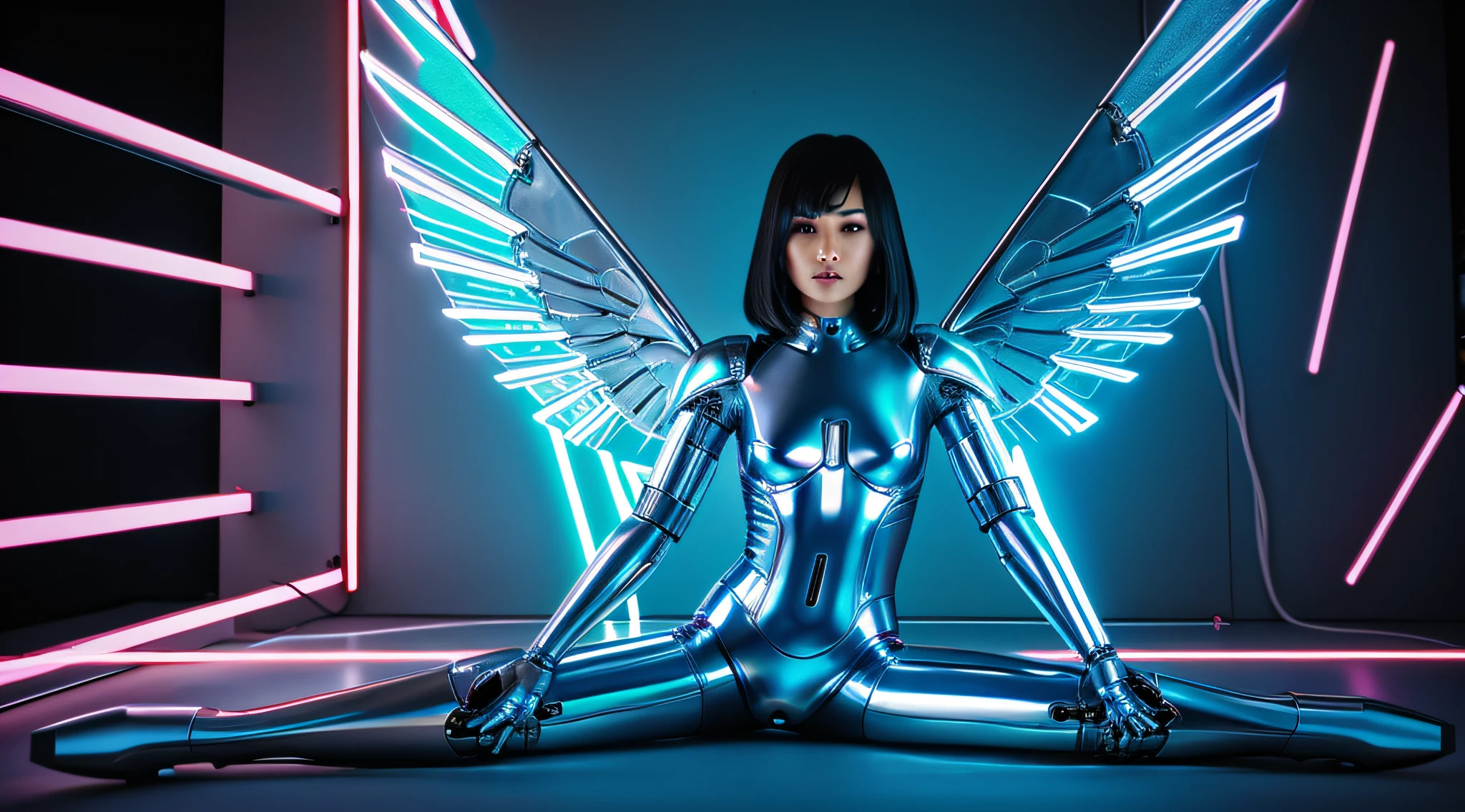 cyborg robotic angel posing menacingly, estilizado por Gareth Pugh, metalic, iridescente, neon light, Fotografia de Moda,
