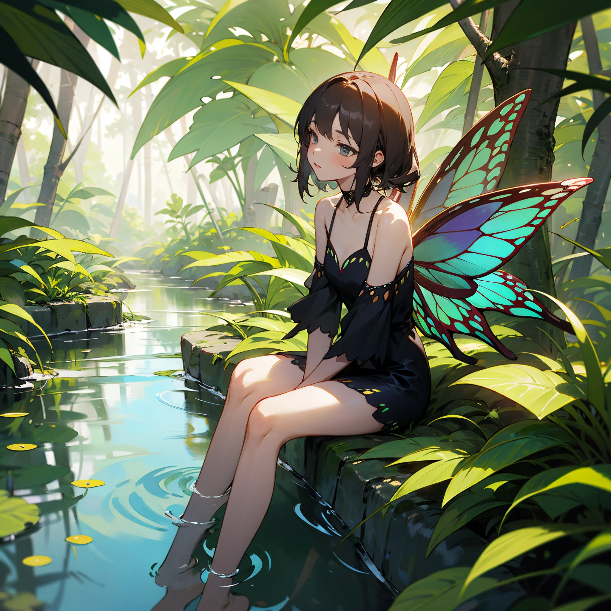 1 girl, fairy, short dress, butterfly wings, natural scene, sitting on
stream bank, soat her feet, jungle, wines