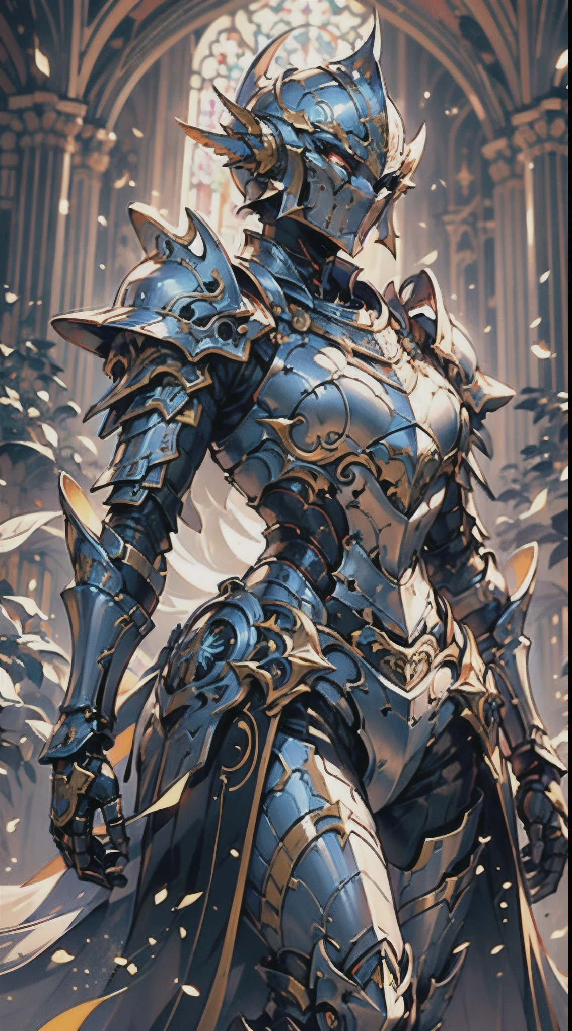 "A female knight wearing a full suit of armor, with intricately designed plates covering her body. Her armor is a fusion of futuristic technology and medieval elements, blending sleek metallic surfaces with ornate engravings and motifs. The knight stands in a vast landscape that mixes medieval castles and futuristic skyscrapers, symbolizing the fusion of medieval and sci-fi worlds.
The knight's armor emits a soft glow, highlighting its advanced technological features. Her helmet reveals her determined eyes, sharp and focused under the protection of the visor. The armor is embellished with intricate detailing, catching the light in mesmerizing patterns.
The color scheme is a harmonious blend of metallic tones, with shades of silver, gold, and bronze dominating the armor. The surrounding landscape showcases a contrast between the warm earthy hues of the medieval structures and the cool futuristic tones of the skyscrapers.
The lighting creates a dramatic effect, with rays of sunlight piercing through the clouds, casting a majestic glow upon the knight and the landscape. The combination of natural and artificial light sources creates a captivating play of shadows and highlights, enhancing the depth and realism of the scene.
This image portrays the best quality and resolution, enabling viewers to appreciate every intricate detail of the illustration. It captures the essence of a futuristic medieval world, showcasing the marriage of advanced technology and old-world charm. The artwork is reminiscent of a photorealistic digital painting, with ultra-detailed and vivid colors, capturing the viewer's attention and immersing them in this captivating universe."