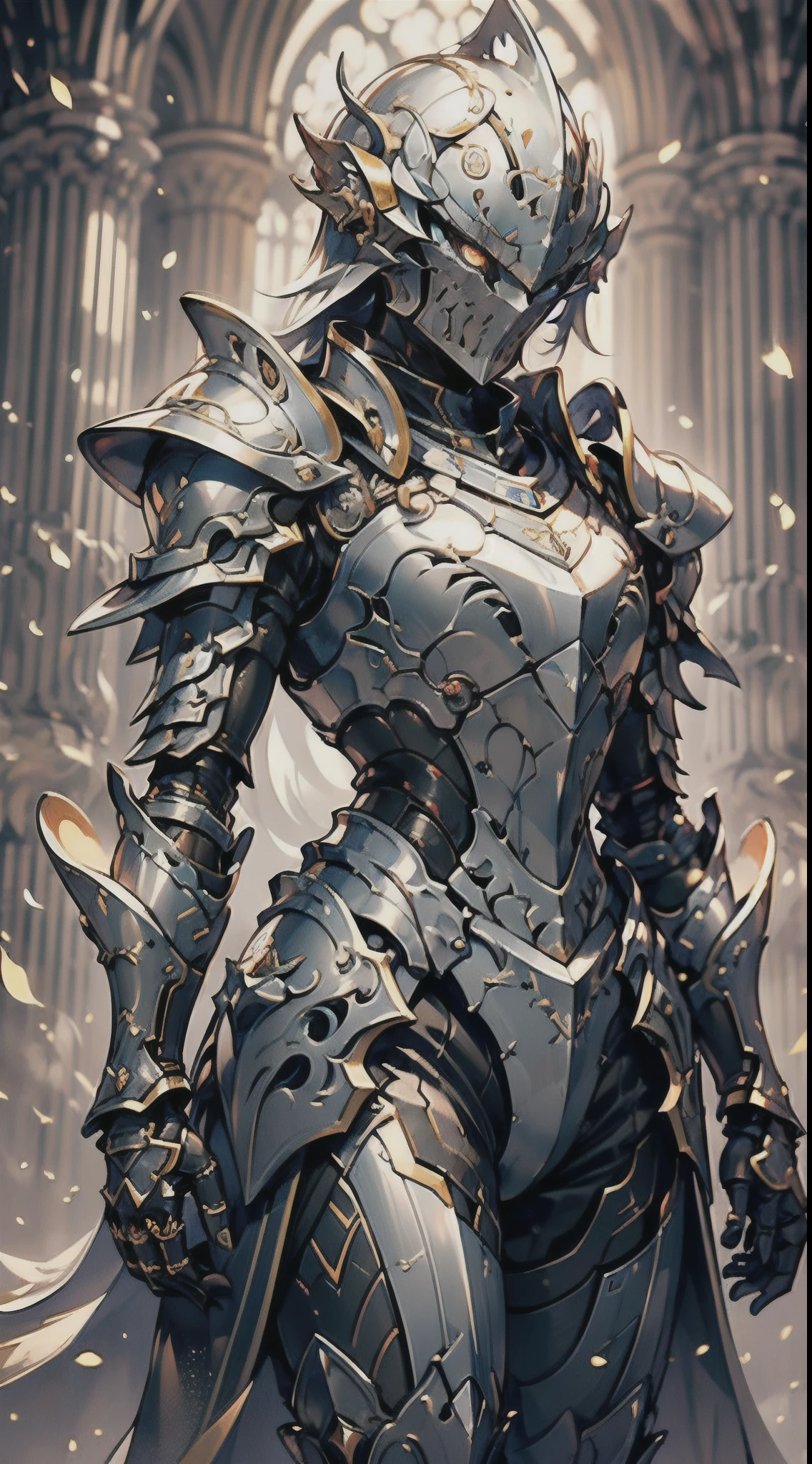 "A female knight wearing a full suit of armor, with intricately designed plates covering her body. Her armor is a fusion of futuristic technology and medieval elements, blending sleek metallic surfaces with ornate engravings and motifs. The knight stands in a vast landscape that mixes medieval castles and futuristic skyscrapers, symbolizing the fusion of medieval and sci-fi worlds.
The knight's armor emits a soft glow, highlighting its advanced technological features. Her helmet reveals her determined eyes, sharp and focused under the protection of the visor. The armor is embellished with intricate detailing, catching the light in mesmerizing patterns.
The color scheme is a harmonious blend of metallic tones, with shades of silver, gold, and bronze dominating the armor. The surrounding landscape showcases a contrast between the warm earthy hues of the medieval structures and the cool futuristic tones of the skyscrapers.
The lighting creates a dramatic effect, with rays of sunlight piercing through the clouds, casting a majestic glow upon the knight and the landscape. The combination of natural and artificial light sources creates a captivating play of shadows and highlights, enhancing the depth and realism of the scene.
This image portrays the best quality and resolution, enabling viewers to appreciate every intricate detail of the illustration. It captures the essence of a futuristic medieval world, showcasing the marriage of advanced technology and old-world charm. The artwork is reminiscent of a photorealistic digital painting, with ultra-detailed and vivid colors, capturing the viewer's attention and immersing them in this captivating universe."