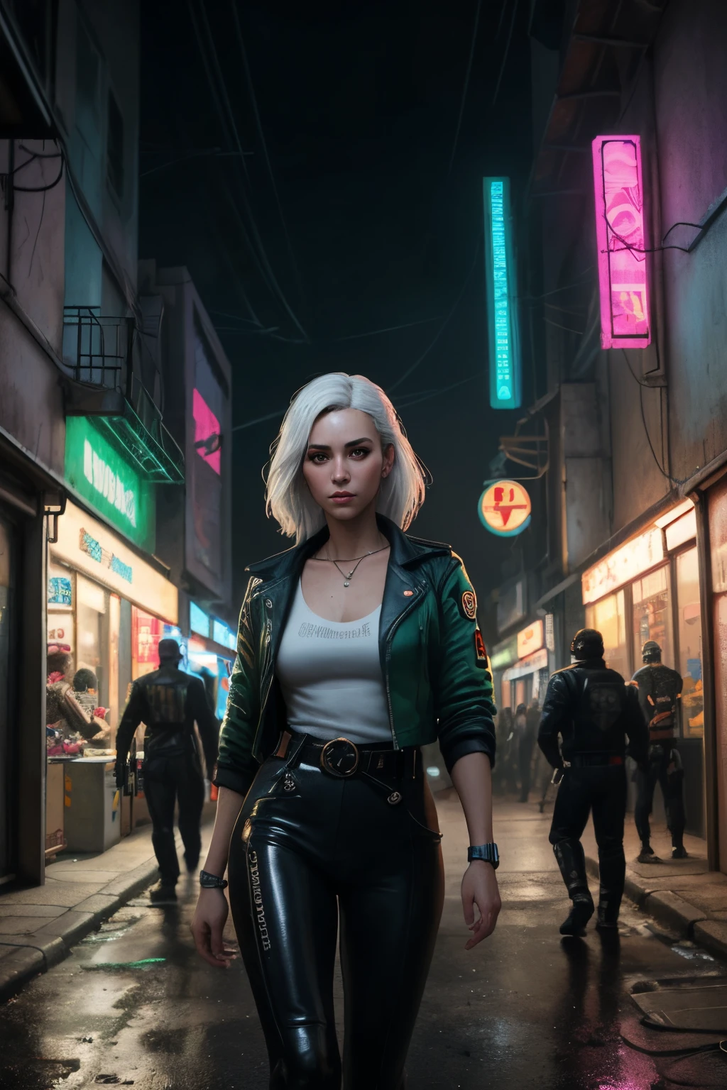 "A close-up photographic image of a 40 year old girl with white hair wearing a white jacket and black pants, dark green eyes, italian skin color, standing in a dark alleyway of the night city of Night City from the game Cyberpunk 2077. She is dressed in a white leather jacket, numerous belts and buckles, has bright neon inserts on her clothes. She has makeup and  facial expression focused and serious. Lights and neon signs of a big night city are visible in the background.The image is in a futuristic cyberpunk style, realistic, with high artistic qualities, with detailing of small objects.", cinematic, 4k, epic Dangiuz style, sharp focus, emitting diodes, smoke, artillery, sparks, racks, system unit, motherboard, by pascal blanche rutkowski repin artstation hyperrealism painting concept art of detailed character design matte painting, 4 k resolution blade runner,modelshoot style,tpserv,FADEEV,Marionette,18+,Realism,jorg karg,photorealistic,MarieK,detailmaster2,Leonardo style ,more detail XL,greg rutkowski,cyberpunk style,Sci-fi