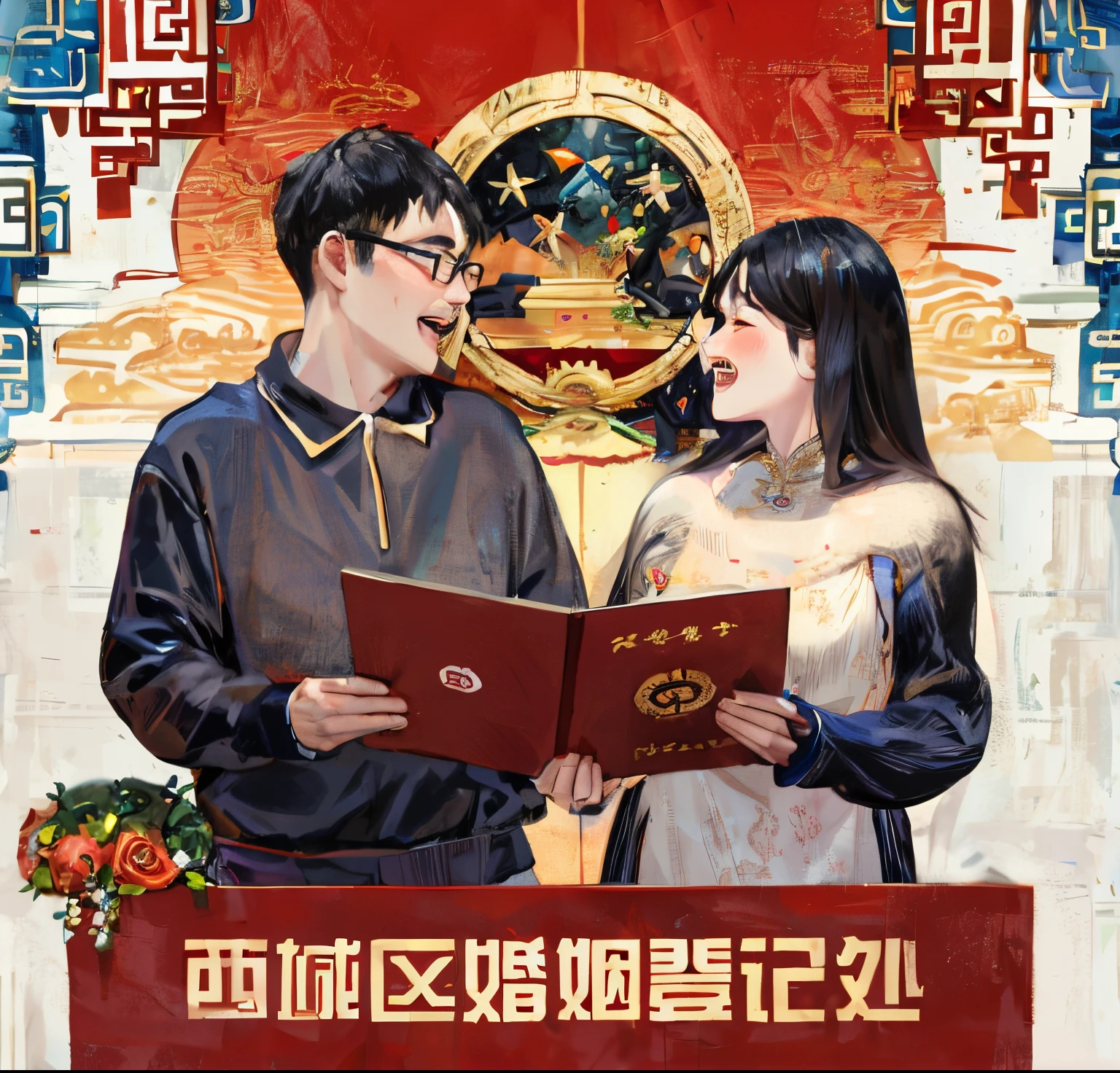 They pose with passports and Chinese flags, celebrating an illegal marriage, Happy couple, ruan jia and fenghua zhong, Husband and wife, famiglia, The growth of a couple, They held up their passports and posed for photos,They stand in front of the red wall，Holding a red book in hand, ruan jia and fenghua zhong, sha xi, zmenzheng, li zixin, jinyiwei, gujan, nanquan, celebrating an illegal marriage, husband and wife, gleeful, jia, cai xukun, yiqiang and shurakrgt