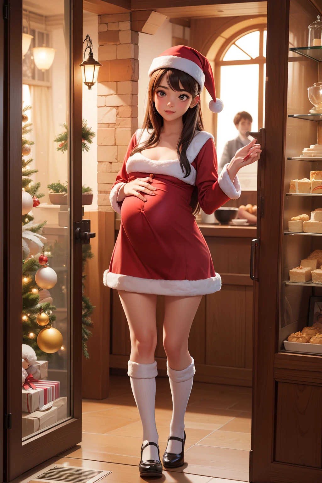 (((SFW))), (1.Hembras, solamente), 8k, ((Masutepiece)),(((highest qualityr))),((Ultra detallado)),((((realista)))), Fotorrealista:1.37, (Un hiperrealista), (ilustratio), (high resolusion), (ighly detallado), (Las mejores ilustraciones), (Ultra-detallado), (muro-), (Cara detallada), (Beautiful expression), ((Detalles Pieles de primera calidad.:1.2)), ((Colorete rojizo)), (Fondo hiperdetallado, Antecedentes detallados), (beautiful and aesthetic: 1.2), extremadamente detallado, Wearing miniskirt Santa Claus costume, Santa Claus costume with warm hair., pararse en la calle principal, Los pasteles se venden frente a la tienda., A beautiful cafe, beautiful christmas decorations, colorful lighting lighting, Escena callejera nocturna, (((embarazada)))