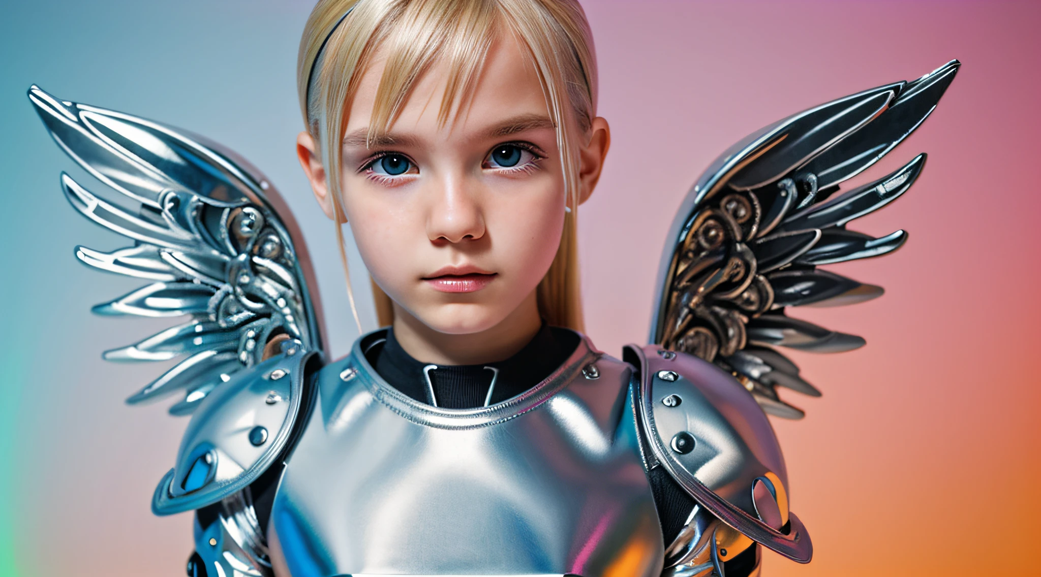 robotic angel cyborg KIDS GIRL BLONDE posing menacingly, estilizado por Gareth Pugh, metalic, iridescente, neon light, Fotografia de Moda,