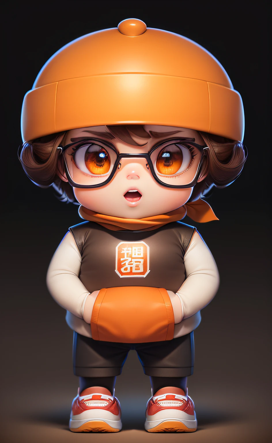 tmasterpiece,Best quality,ultra - detailed,Full body lesbian,A boy with,malefocus,独奏,Brown hair,Hart background with,black glass,simplebackground,footwear,are standing,orange hairband,looking at viewert,Full body lesbian,black-frame glasses,hands in a pocket,longer sleeves,trouser,with brown eye,red blouse,with her mouth open,sleeves bodyesbian,Plastic texture