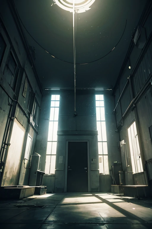 There is a toilet in the darkroom，There is light coming in, [[empty warehouse]] Background with, anime lighting, Madhouse Studio anime style, glowing windows, Dark hangar background, dramatic lights. concept-art, random background scene, Anime background art, Mysterious and atmospheric lighting, The lights are extremely dim, anime scene, Very atmospheric lighting, anime backgrounds