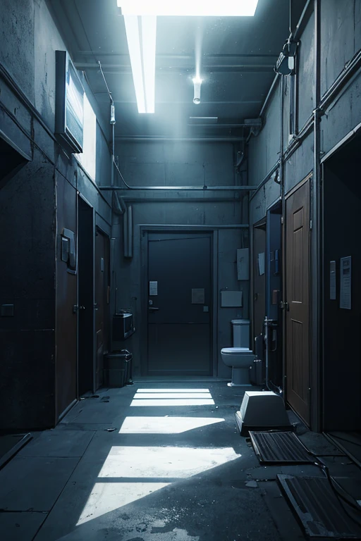 There is a toilet in the darkroom，There is light coming in, [[empty warehouse]] Background with, anime lighting, Madhouse Studio anime style, glowing windows, Dark hangar background, dramatic lights. concept-art, random background scene, Anime background art, Mysterious and atmospheric lighting, The lights are extremely dim, anime scene, Very atmospheric lighting, anime backgrounds