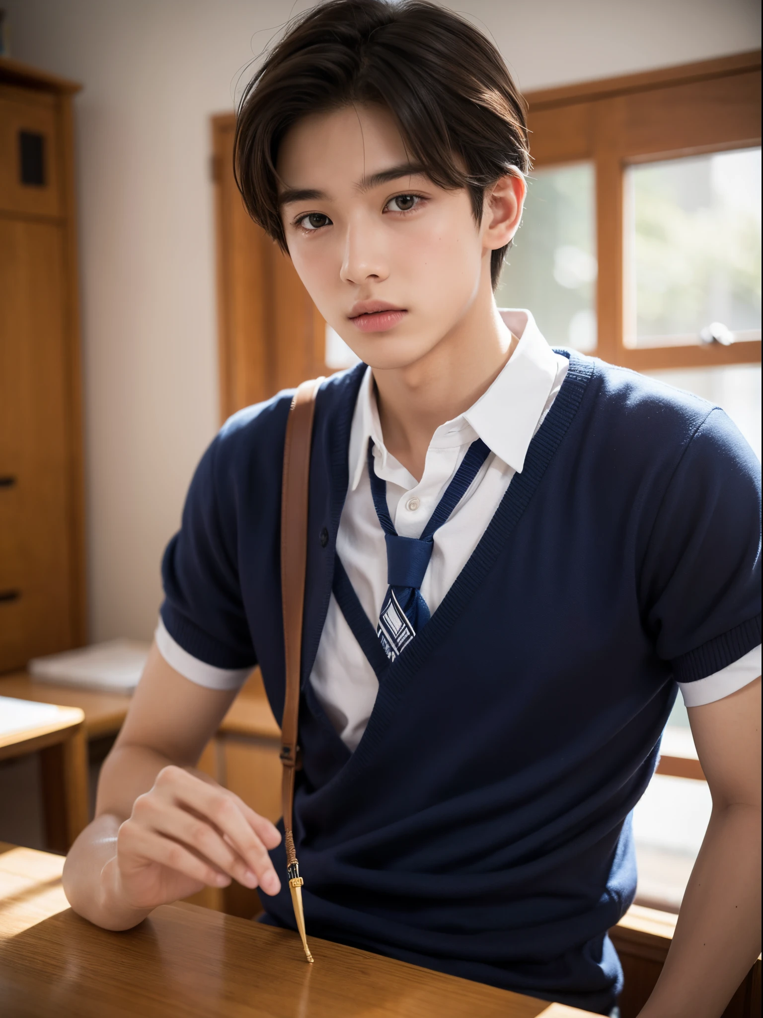 boy, y.o, handsome, middle parted hair, school