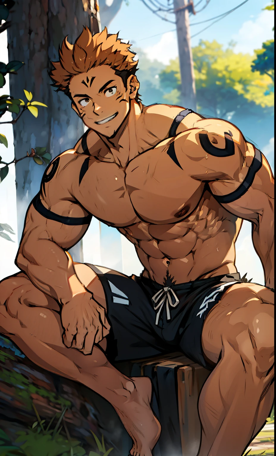 (canto da foto de baixo para cima) (imagem da mais alta qualidade) Lion man ,real, jovem, , vestindo shorts, imagem de anime, sitting on ground, pernas bem abertas, cute *********, bonito rosto jovem, cabelo subcortado, huge muscle muscles of the chest, large strong thigh muscles, Biceps Sinewy muscles, Corpo enorme, corpo tonificado devido ao treinamento intenso, Well-developed muscles, ABS transparente de 8 embalagens, 3 metros de altura, topless, , pele brilhante, rede de suor pingando, hands on thighs, bare feet, Sem barba