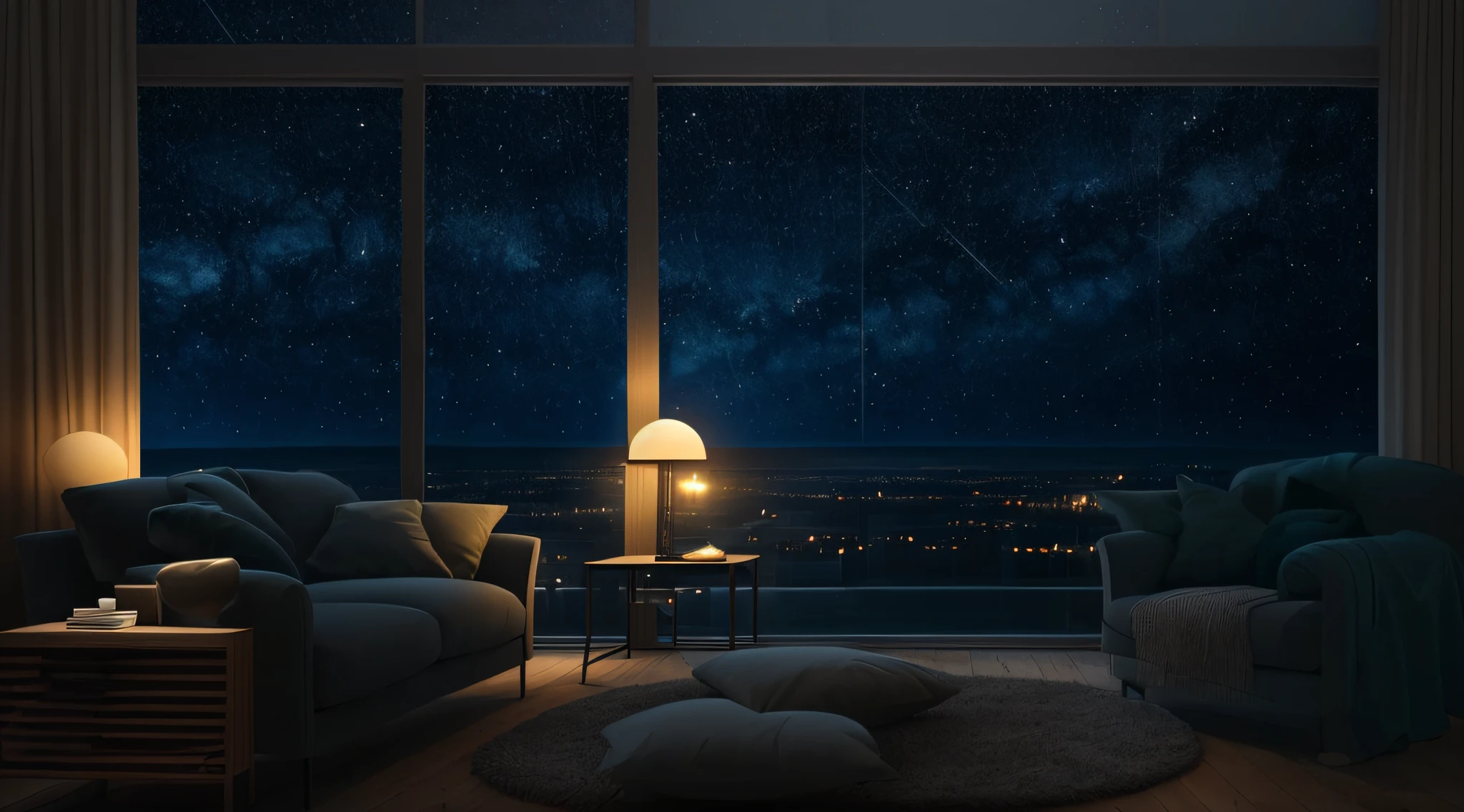 Dimly lit mid-century modern living room,tas'Dark rainy night outside, (Rainy and foggy night: 1.2), Pacific Northwest, (dim dim lights: 1.4), (dim dim lights: 1.2), a plant, Large plants, and it is raining, Monstera, Many plant windows:1.2), tmasterpiece, Better quality, Twilight Hour, (natta:1.4), Rainy afternoon, after sunset,