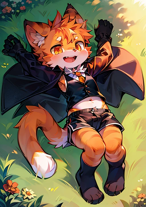 Masterpiece high quality ridiculous resolution full body fur furry ears furry cat tail orange eyes cute little boy wearing black vest and black shorts and orange striped cape playing on the grass with open mouth