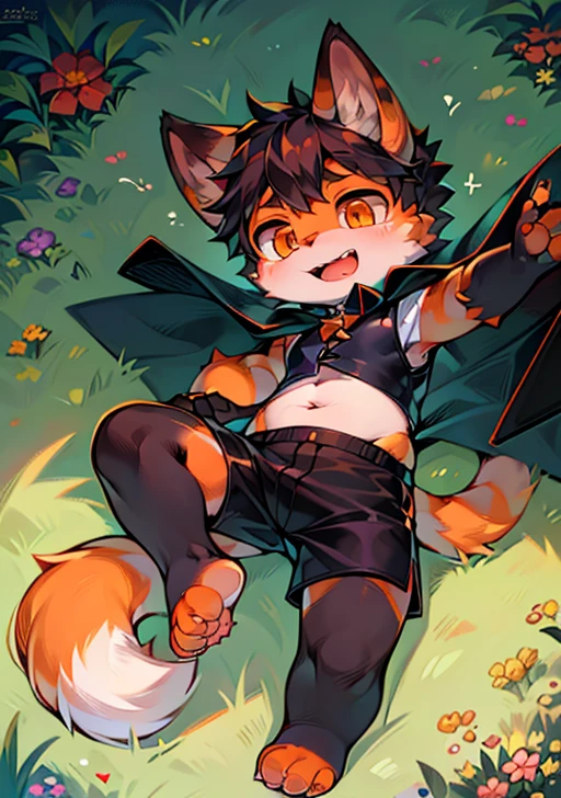 Masterpiece high quality ridiculous resolution full body fur furry ears furry cat tail orange eyes cute little boy wearing black vest and black shorts and orange striped cape playing on the grass with open mouth