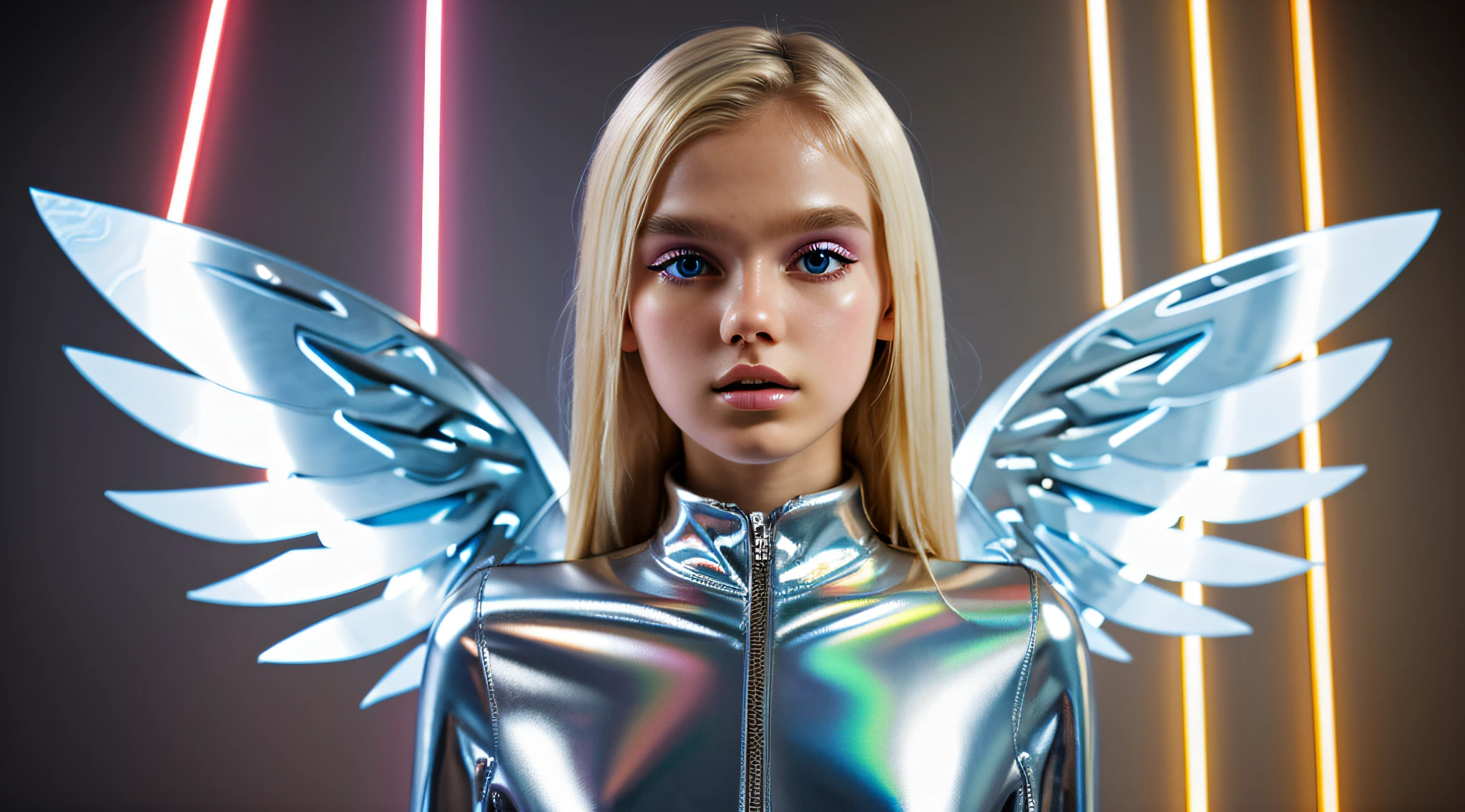 robotic angel cyborg KIDS GIRL BLONDE posing menacingly, estilizado por Gareth Pugh, metalic, iridescente, neon light, Fotografia de Moda,