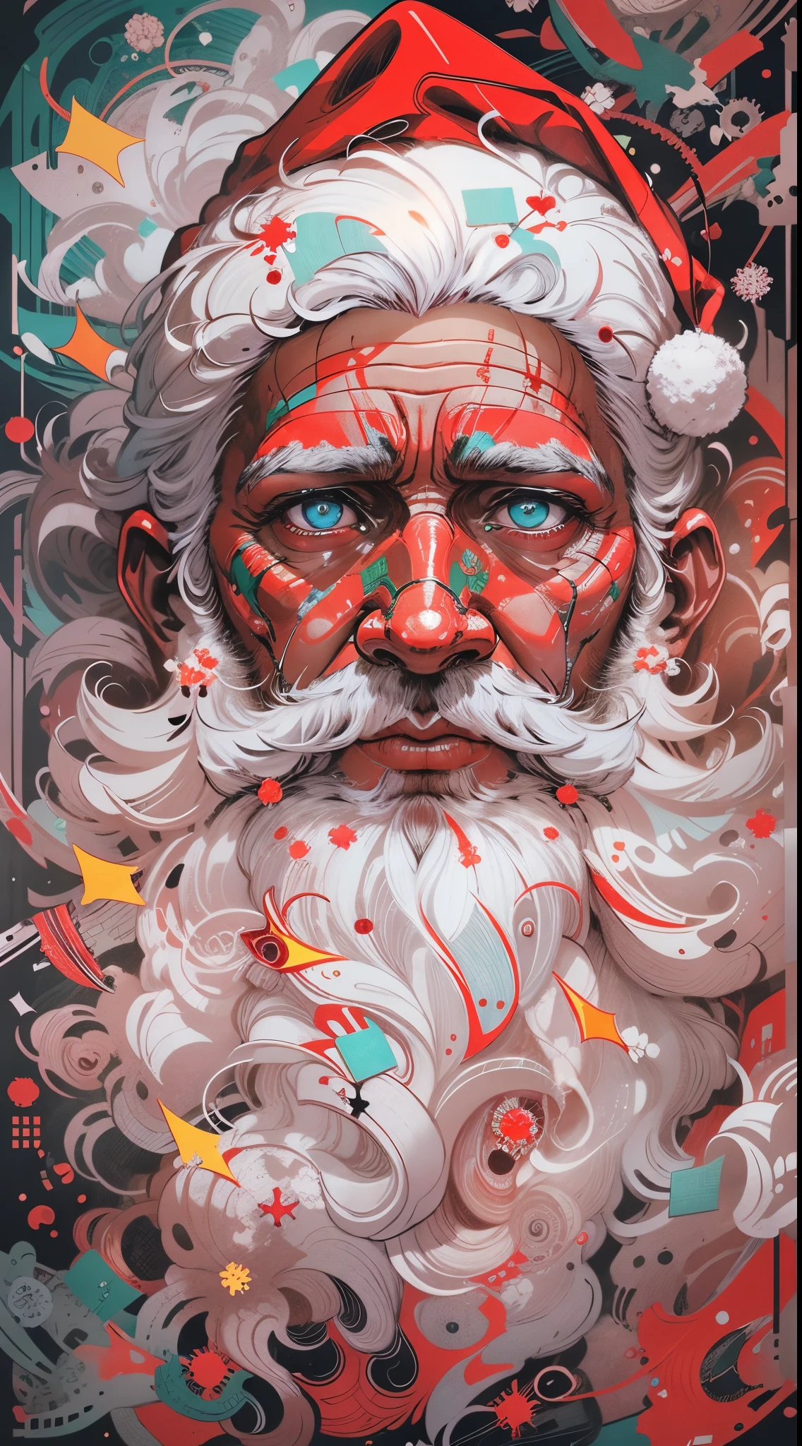 Half body potrait of Santa Claus, Explosive, otherworldly painting of a shape-shifting deity adorned with chaotic Santa Claus motifs and omnipresent, piercing eyes, a breathtaking amalgamation of fine art and captivating photo collage, mesmerizing poster design:: their appearance exuded the enigmatic allure of Christmas minimalism fused with cosmic chaos:: --ar 9:16 --s 963 --c 9 --q 2 --v 5