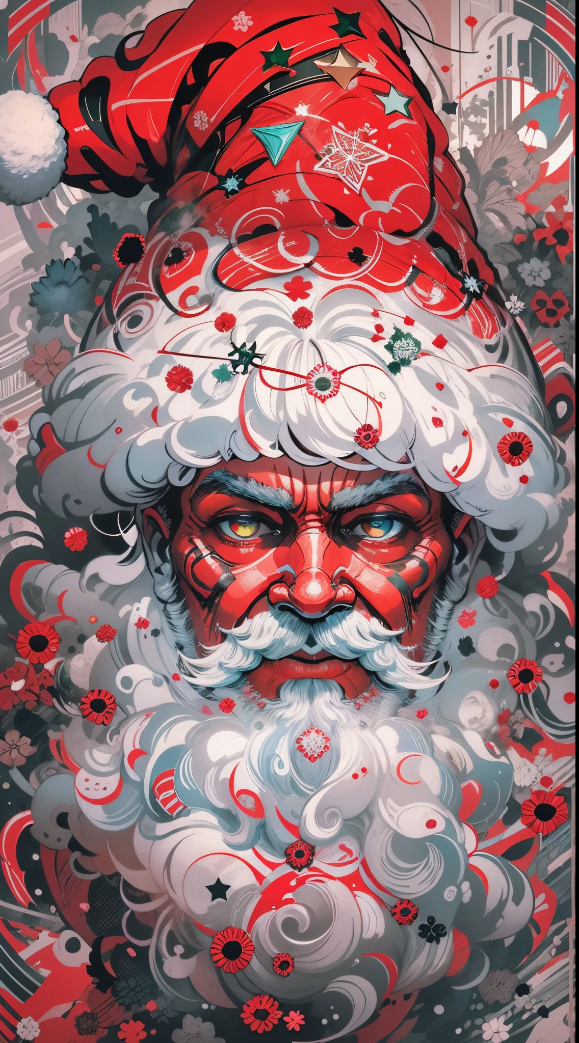 Half body potrait of Santa Claus, Explosive, otherworldly painting of a shape-shifting deity adorned with chaotic Santa Claus motifs and omnipresent, piercing eyes, a breathtaking amalgamation of fine art and captivating photo collage, mesmerizing poster design:: their appearance exuded the enigmatic allure of Christmas minimalism fused with cosmic chaos:: --ar 9:16 --s 963 --c 9 --q 2 --v 5