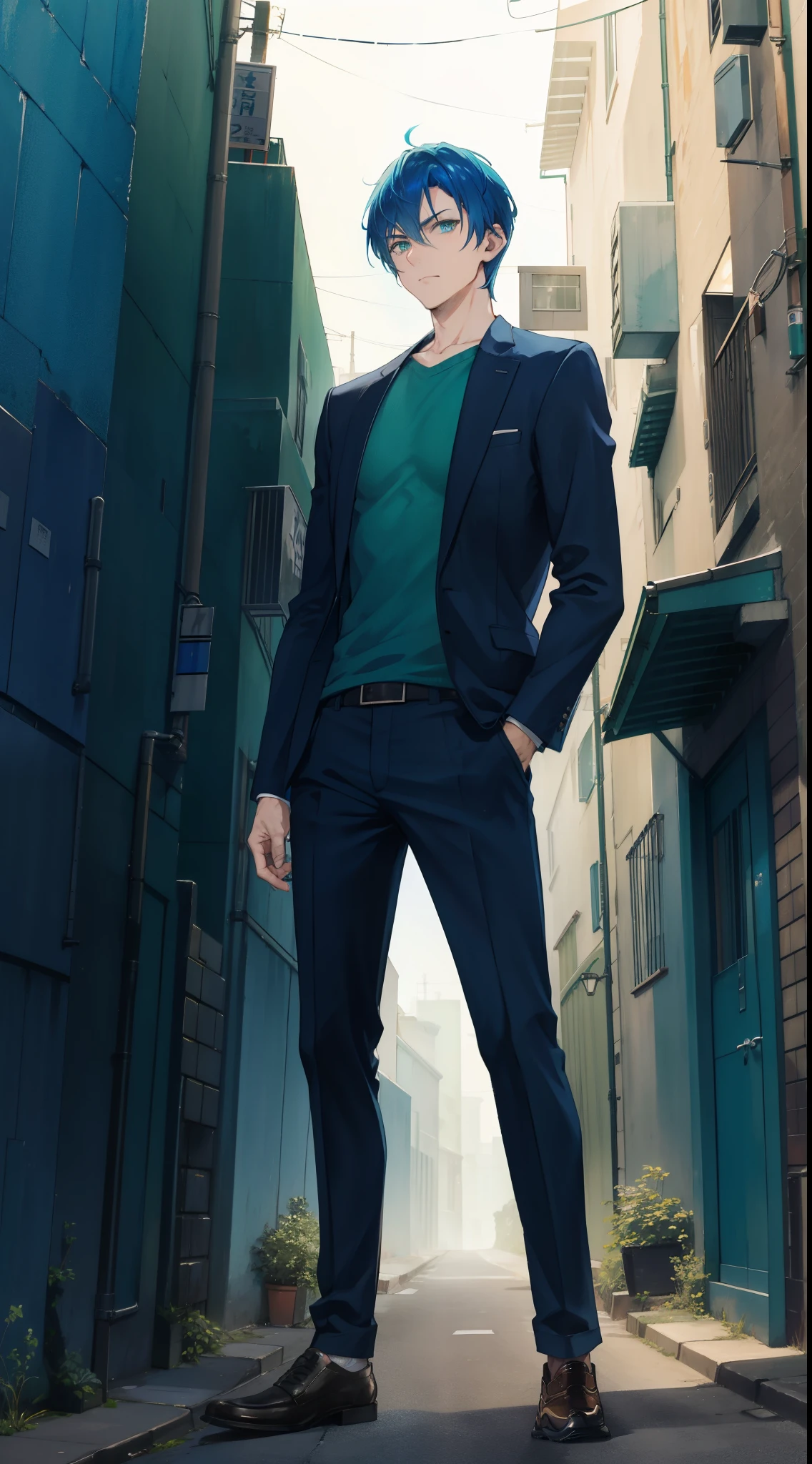 A man, blue hair and green eyes, sharp short hair, wearing a casual cloth, standing in a narrow alley alone, night, badass, mascular, his face is dark