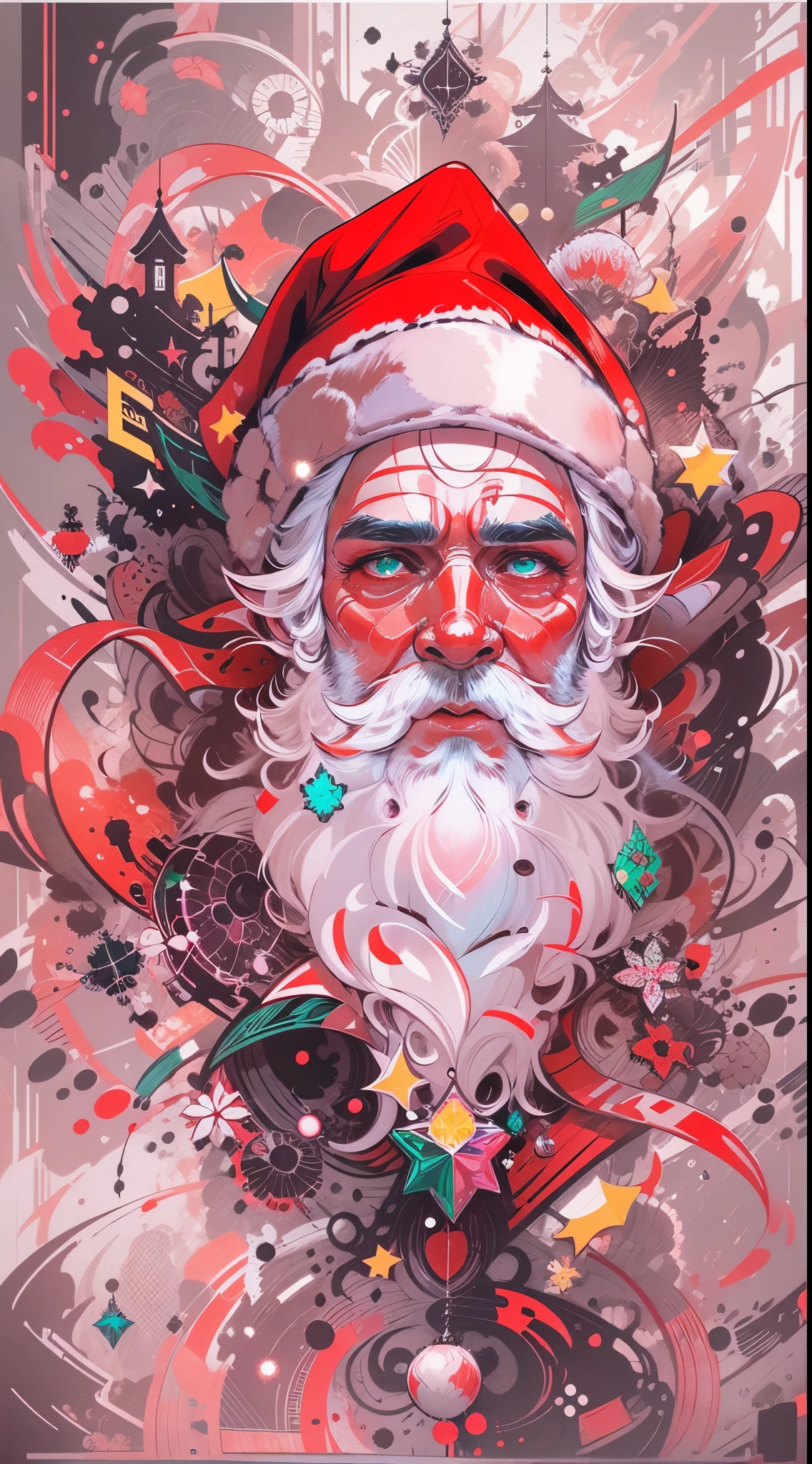 Half body potrait of Santa Claus, Explosive, otherworldly painting of a shape-shifting deity adorned with chaotic Santa Claus motifs and omnipresent, piercing eyes, a breathtaking amalgamation of fine art and captivating photo collage, mesmerizing poster design:: their appearance exuded the enigmatic allure of Christmas minimalism fused with cosmic chaos:: --ar 9:16 --s 963 --c 9 --q 2 --v 5