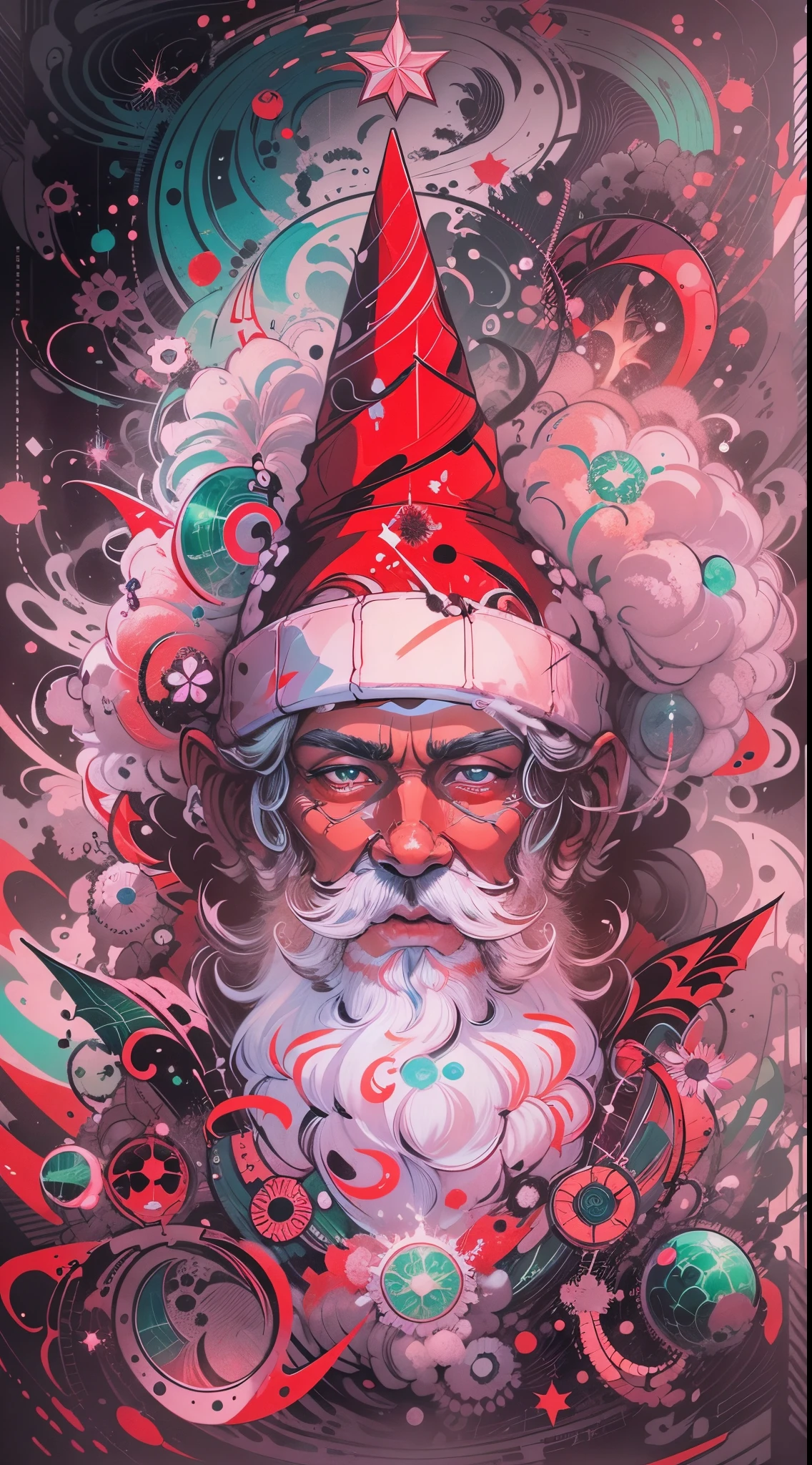 Half body potrait of Santa Claus Explosive, otherworldly painting of a shape-shifting deity adorned with chaotic Santa Claus motifs and omnipresent, piercing eyes, a breathtaking amalgamation of fine art and captivating photo collage, mesmerizing poster design:: their appearance exuded the enigmatic allure of Christmas minimalism fused with cosmic chaos:: --ar 9:16 --s 963 --c 9  --q 2  --v 5